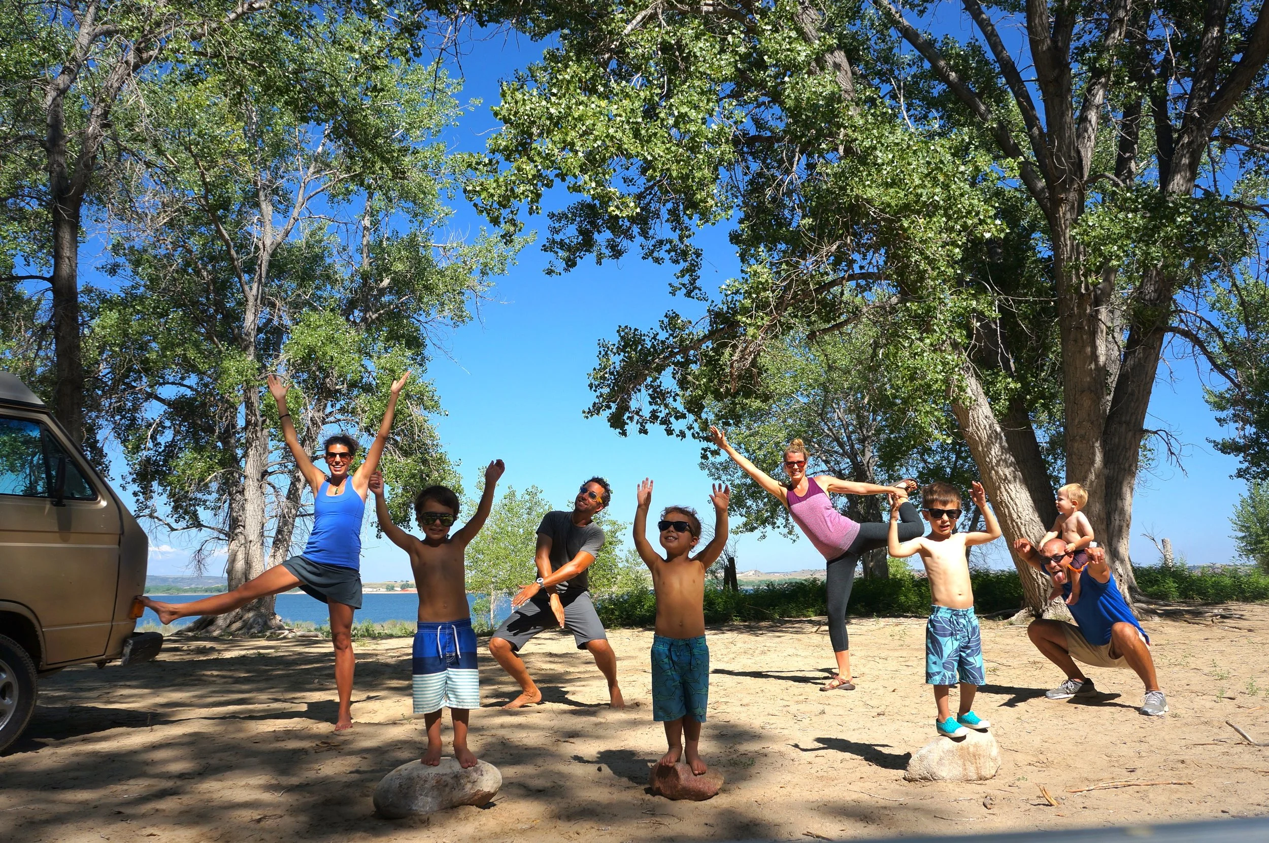 Camping at Glendo State Park with the Fontenots, who we met in New Zealand but live in Fort Collins, CO. Notice someone cheating "the pose" by using Spud to prop up a leg. Not allowed.