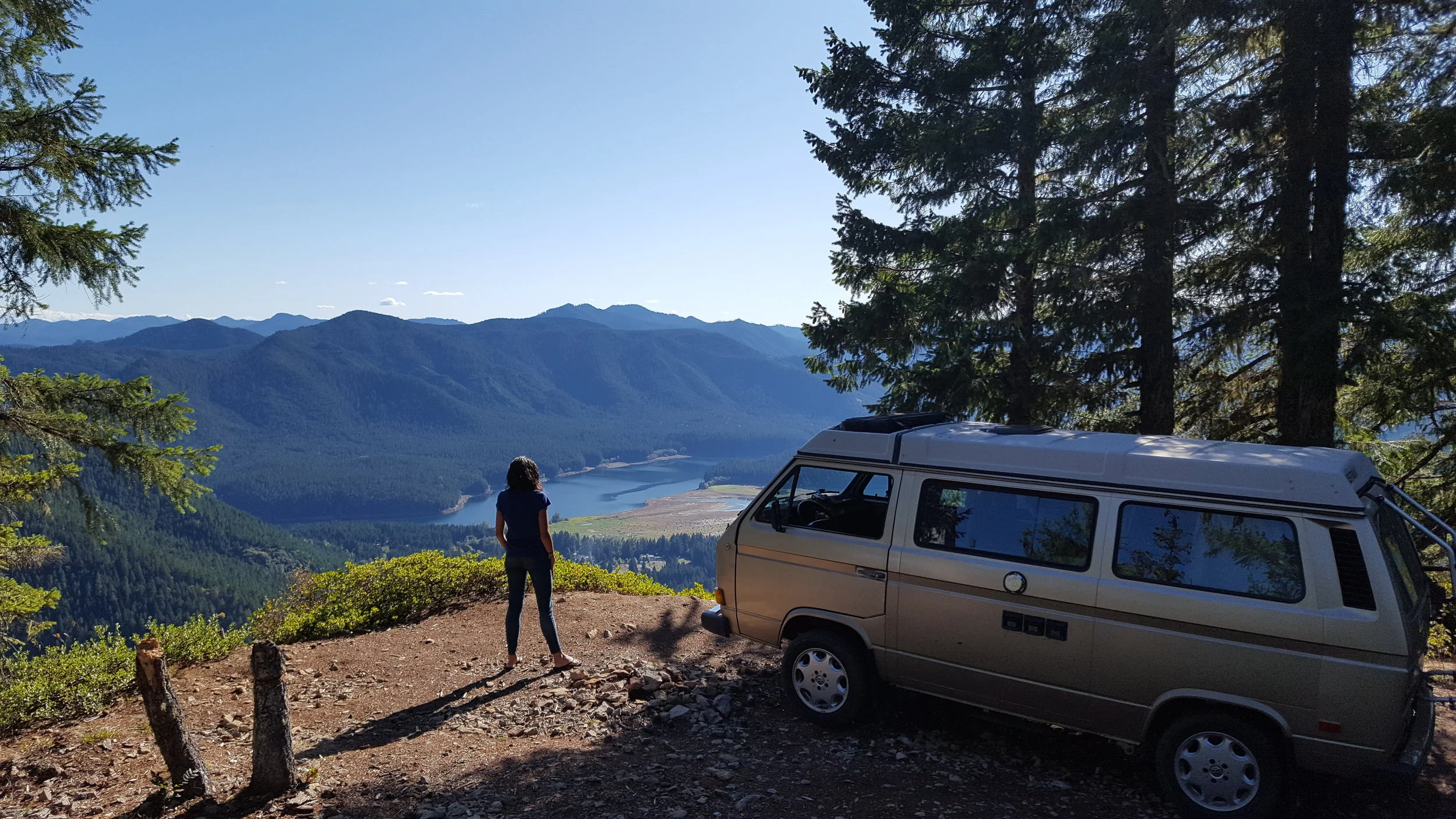 Nat'l Forest Land, Detroit, Oregon. We were driving around that lake (below from where I'm standing) only moments before. Then the steepest, scariest, gravel road ever lead us here. I thought we might die (narrow, popped tire, rolling backwards to our death). But we LIVED and it was AWESOME!