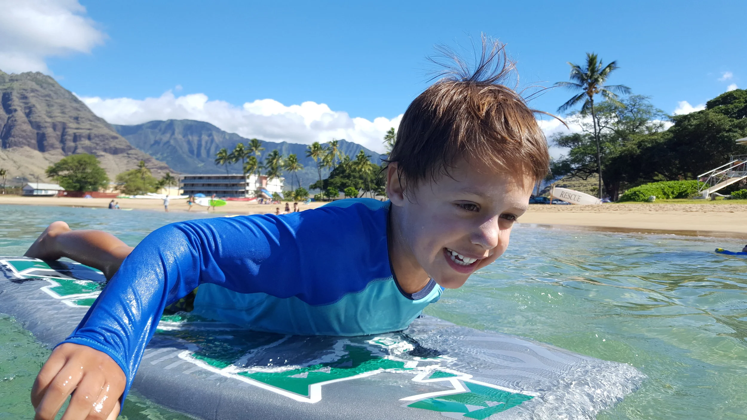 Our favorite beach on West Oahu - Pokai Bay Beach Park where we spent 8 of our 14 mornings boogie boarding into the day. 