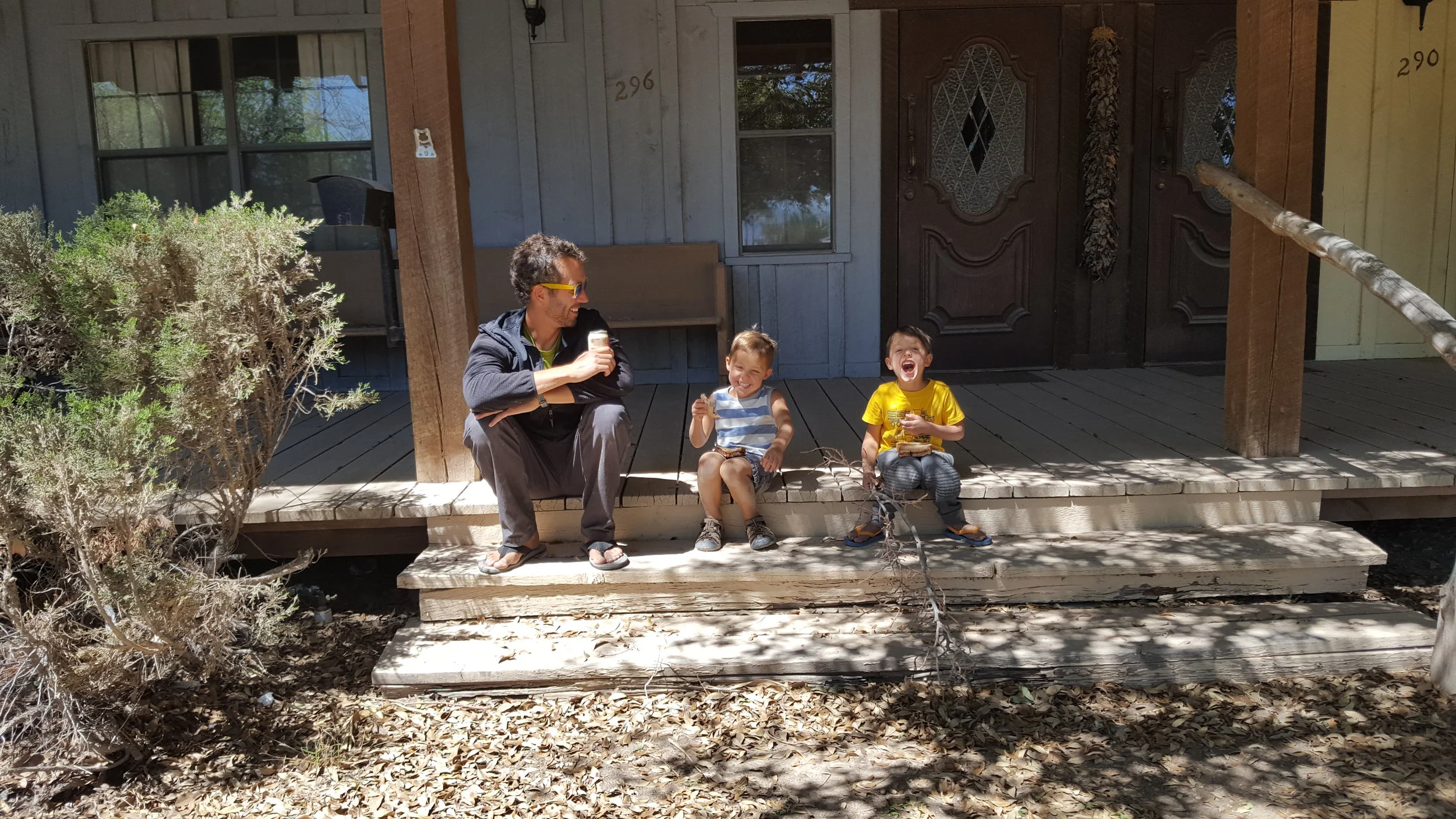 Lunch stop on a Sunday afternoon in a tiny town with nothing open. Chip just burped sending the boys into a laughter fit.