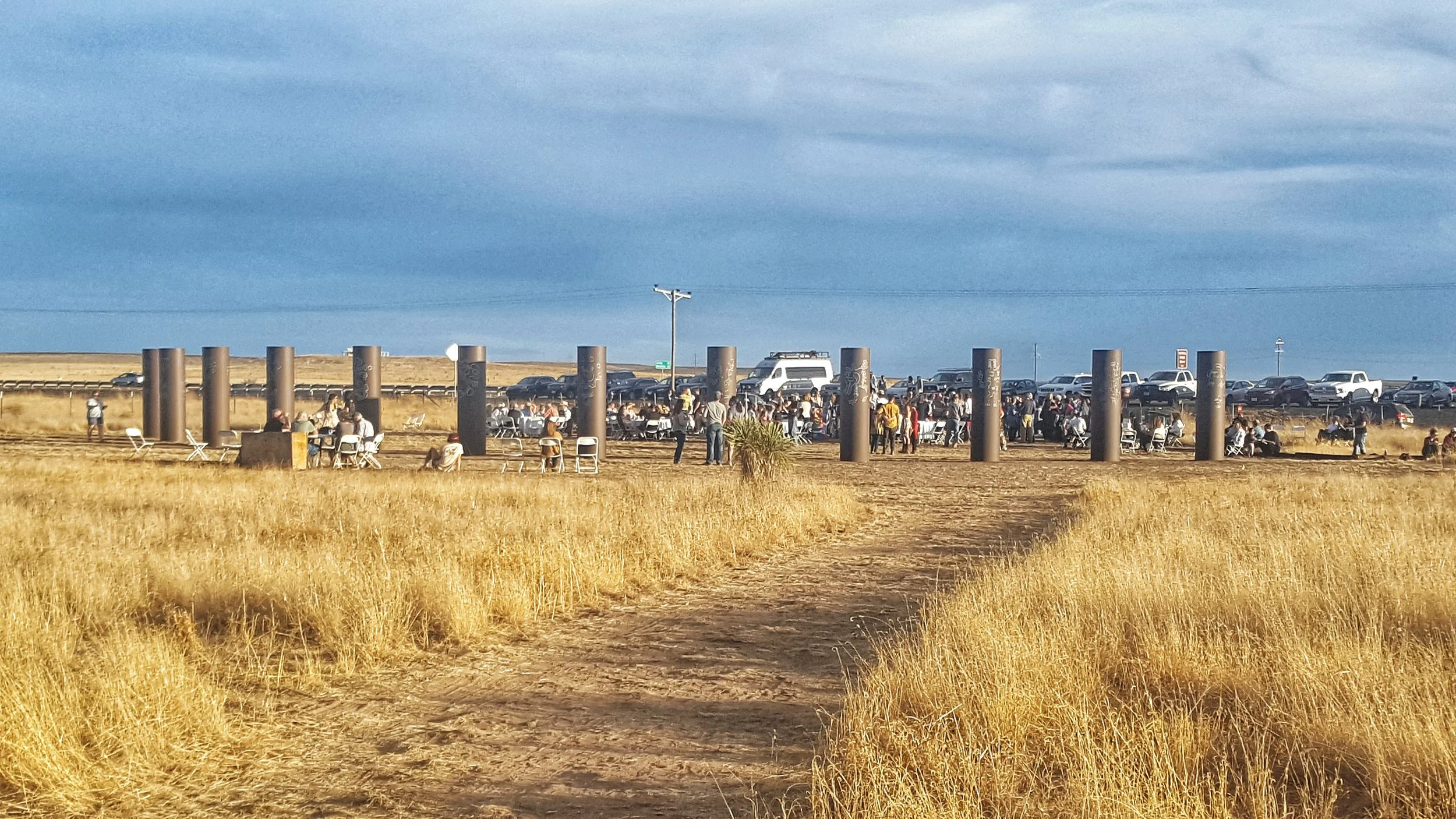 You can see the Marfa Pillars and probably the people gathering around them. We felt so fortunate to stumble upon the unveiling of this art exhibit. Nice people, free food & drinks, and these beautiful pillars that light up at sunset and continue into the night (they make a great nightlight at the campground).