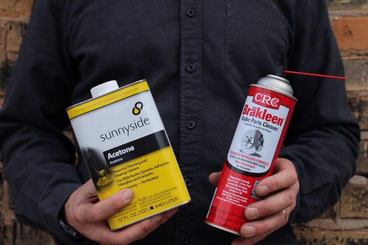 Acetone and Brake Parts Cleaner are two popular methods of removing grease and oils.