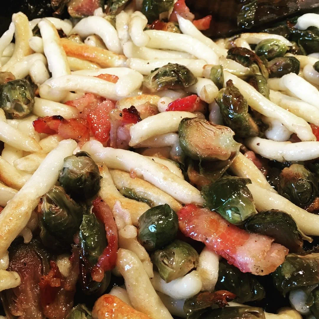 Spätzle with Roasted Brussel Sprouts, Bacon and Maple Syrup