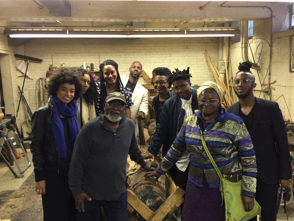 Thaddeus Mosley By Any Means studio visit, April 23, 2016. Left to right: Rujeko Hockley, Taylor Renee Aldridge, Thaddeus Mosley, Jessica Lynne, Nathaniel Donnett, Kilolo Luckett, Tiona Nekkia McClodden, Charlotte Ka, and Ikechukwu Casmir. Courtesy of Kilolo Luckett. 