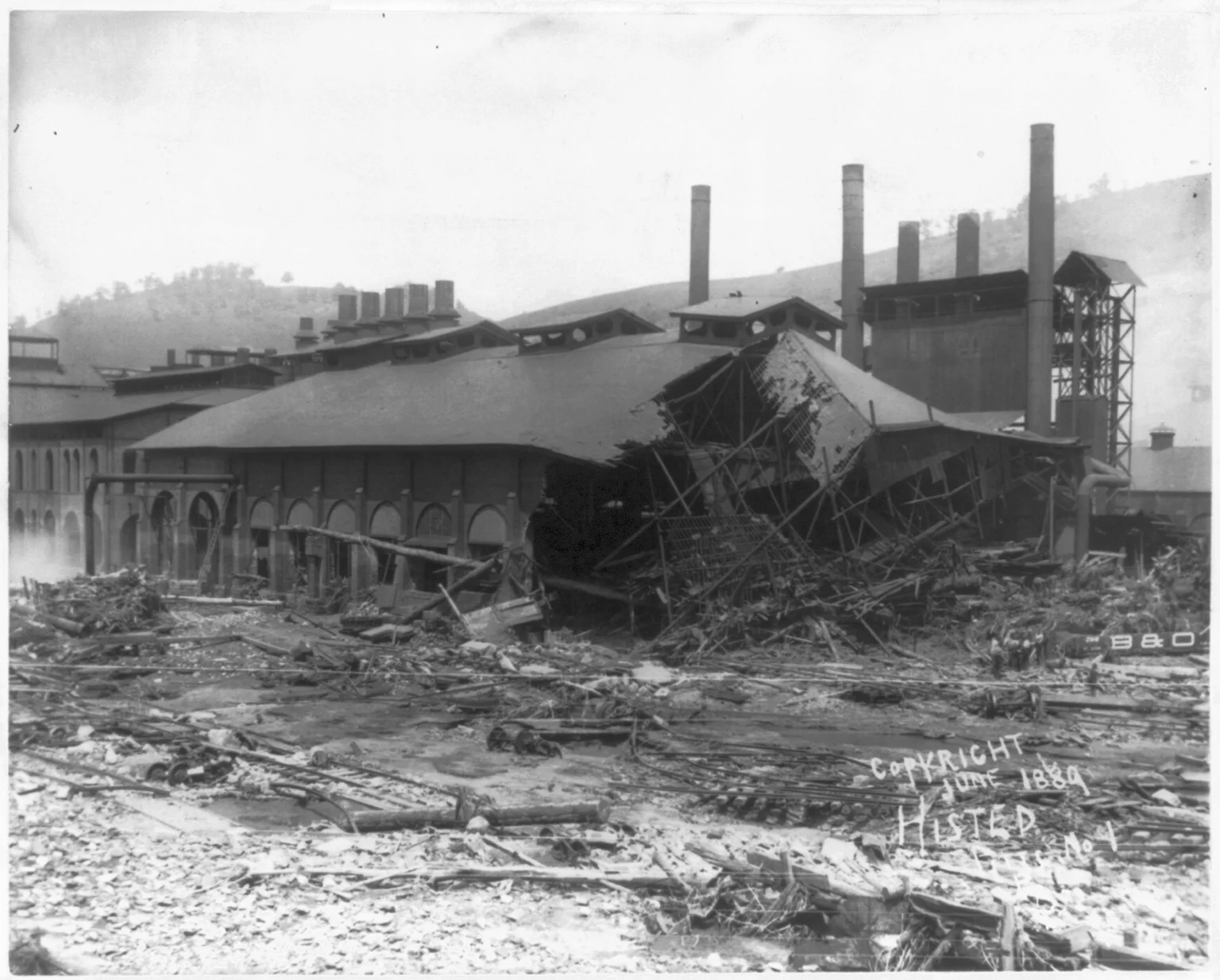 Ruins of Cambria Iron Mills from Sone Bridge P.R.R., Johnstown Flood, May 31st 1889. Photo by Histed, Earnest Walter. Courtesy of the Library of Congress.