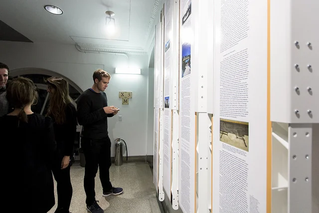 A scrolling, “print-out-the-internet” apparatus displays the Avery Review in Columbia’s Avery Hall alongside new releases from GSAPP Books, October 23, 2015. The display was powered by motors calibrated to move at the pace of the editors’ reading. Courtesy Columbia GSAPP.