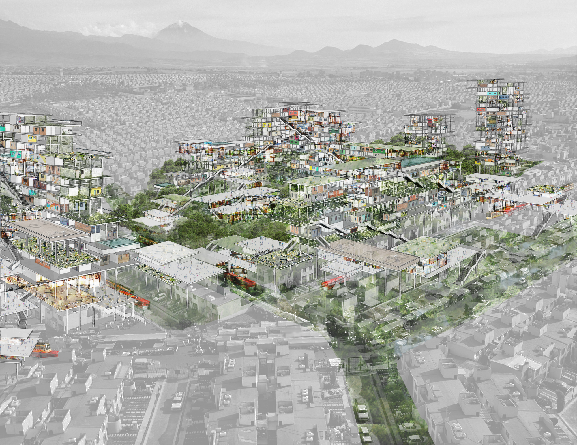 Palacio Social, 2016. This conceptual project seeks to address the more than 5 million abandoned houses in Mexico, the informal economy that contributes to sprawling housing development, and the vast majority (90%) of single-family housing stock. The project is a critical response to these converging factors and their impact on Mexico's urban extended growth model. Courtesy of Fernanda Canales.