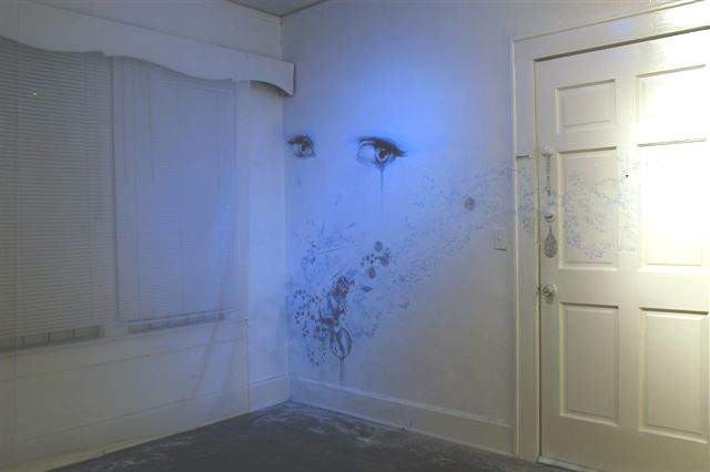 The first exhibition at the Worm-Hole Laboratory, titled Haunted (2003), responded to the spiritual realm of Diaz’s apartment. This image depicts a mural by Diego Singh .