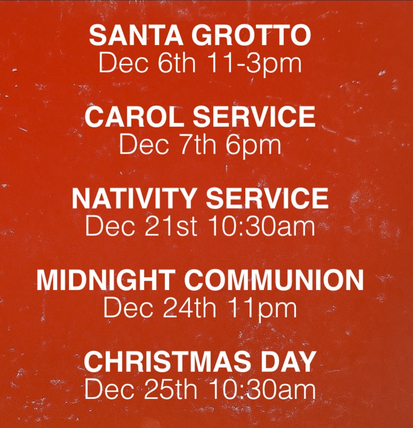 We are preparing for Dec. Get the dates in your diary&hellip; SANTA GROTTO
Dec 6th 11-3pm
CAROL SERVICE
Dec 7th 6pm
NATIVITY SERVICE
Dec 21st 10:30am
MIDNIGHT COMMUNION
Dec 24th 11pm
CHRISTMAS DAY
Dec 25th 10:30am