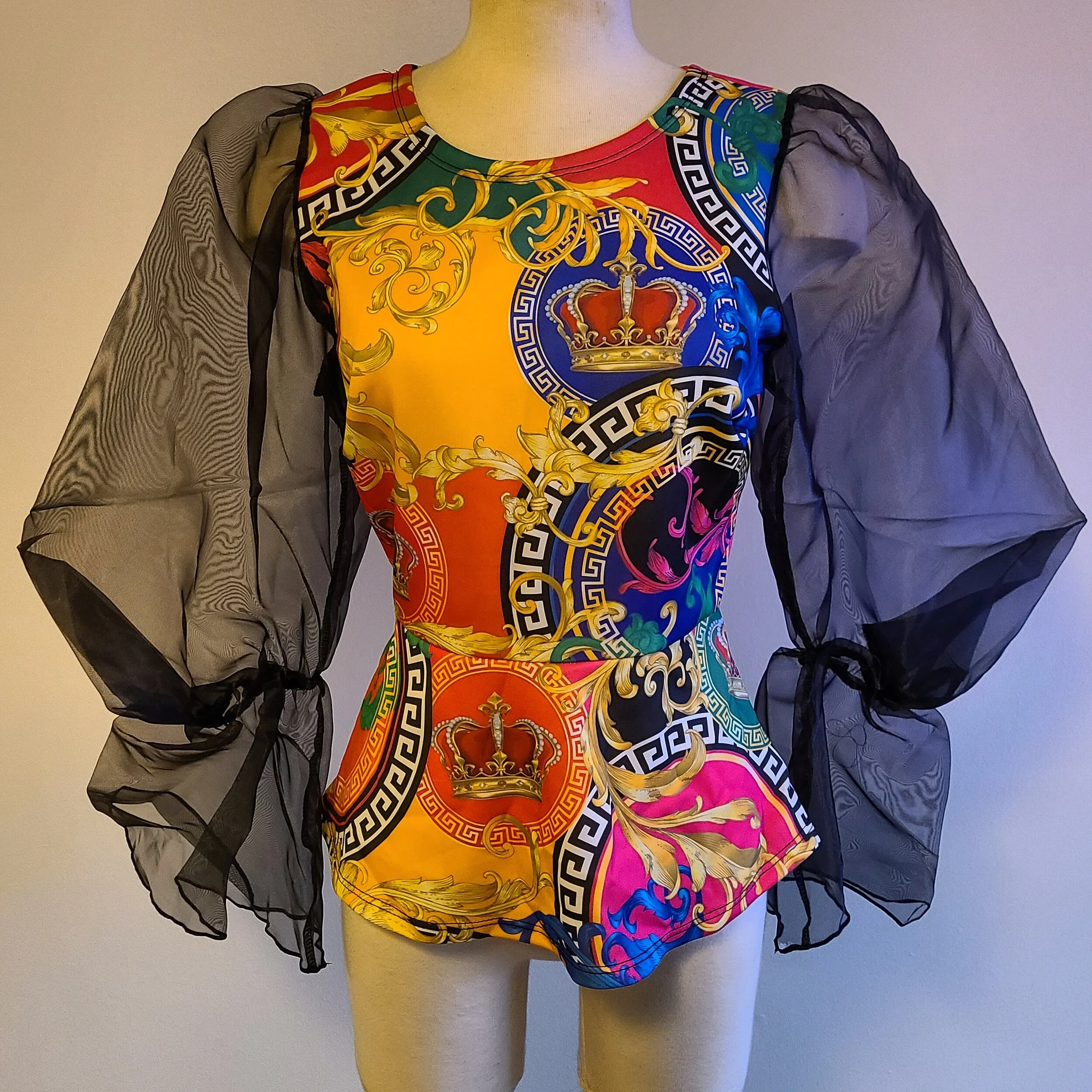 Baroque Mesh Sleeve Peplum  Top 