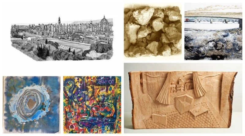 From the top left, clockwise: Torri di Firenze by Anna Gibb / 54 Million by Alison Cooke / London Bridge by Adrian Flaherty / Left (with suitcase) by Cameron Scott / Mapping by Aasiri Wickremage / Iced Puddle by Ann Dickie