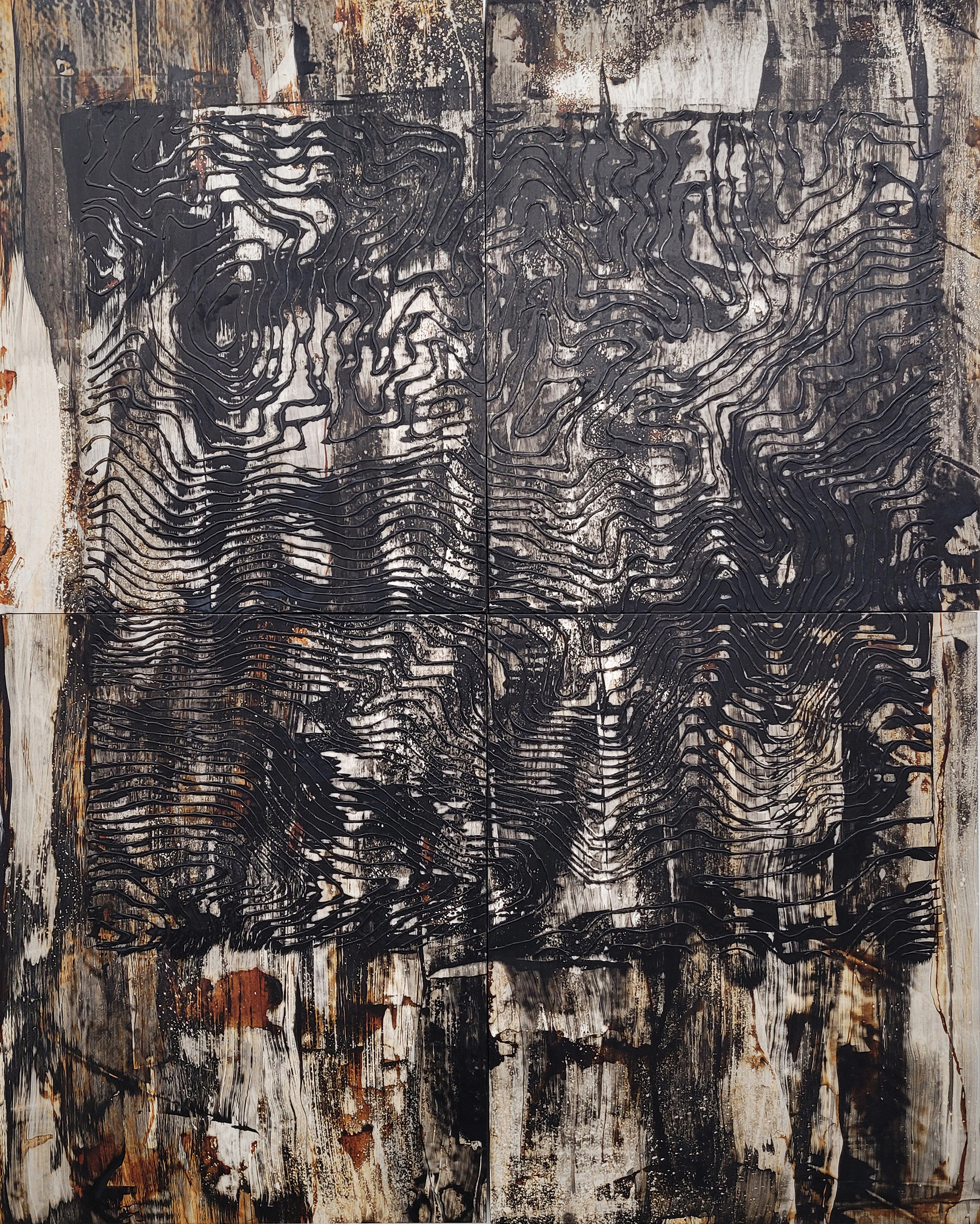 Points of Origin #2, 2022, india and acrylic ink, white glue on yupo paper, mounted on four wood panels, 60 x 48 inches