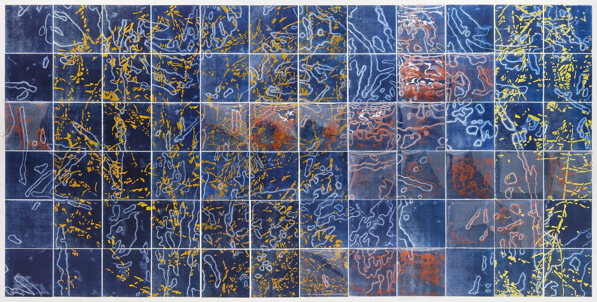 Reality Map 2, 2025, reverse trace monotypes, acetate transparencies, pastel pigment, 147 x 72 inches