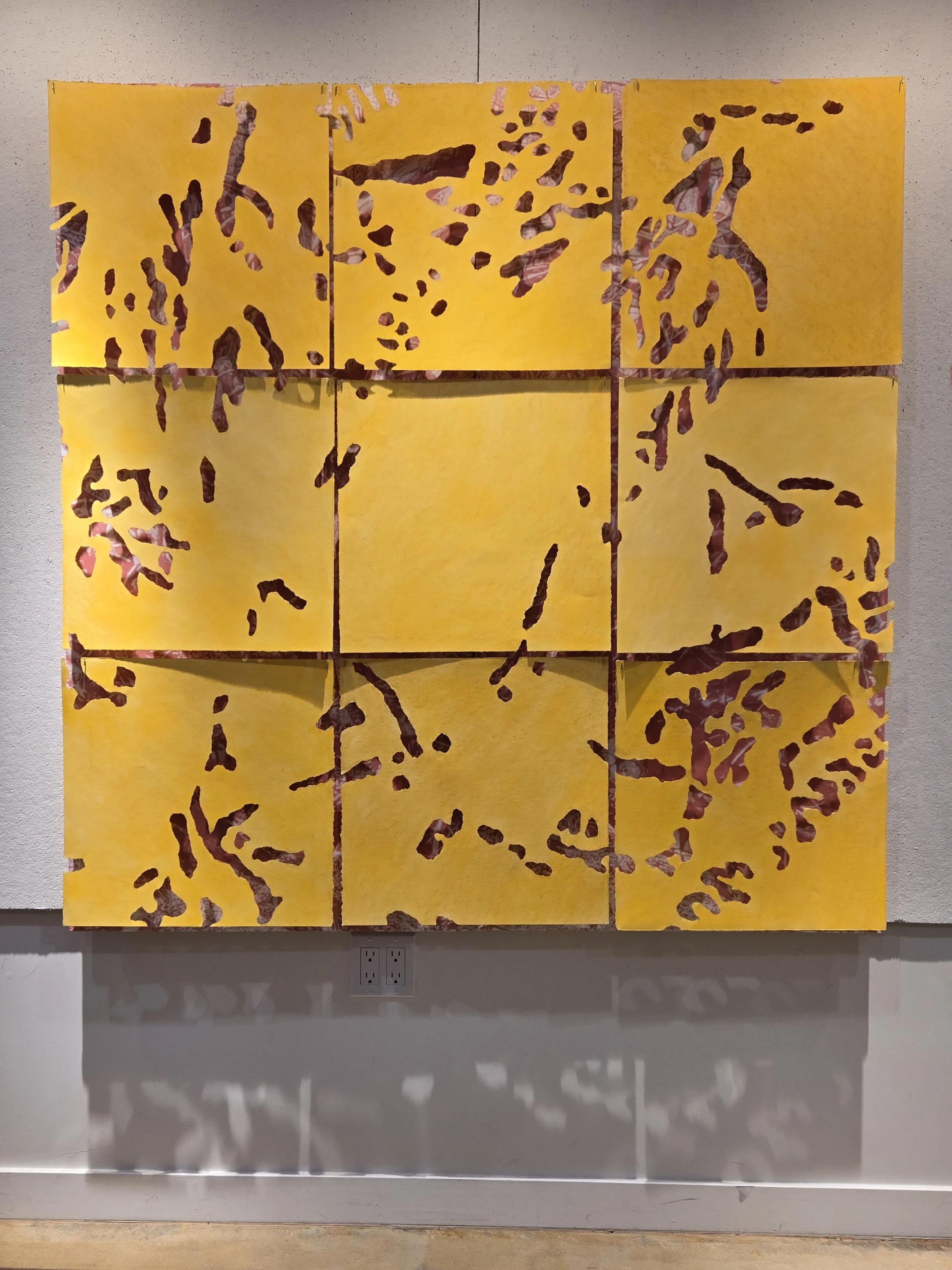 Yellow Ochre Stratum, 2025, torn paper, digital photo, bamboo skewers, 56 x 56 x 4 inches