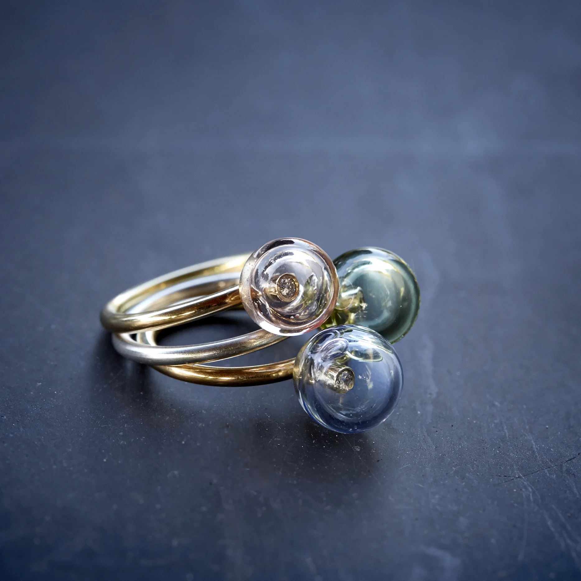 Bubble rings; silver, gold, glass, diamonds