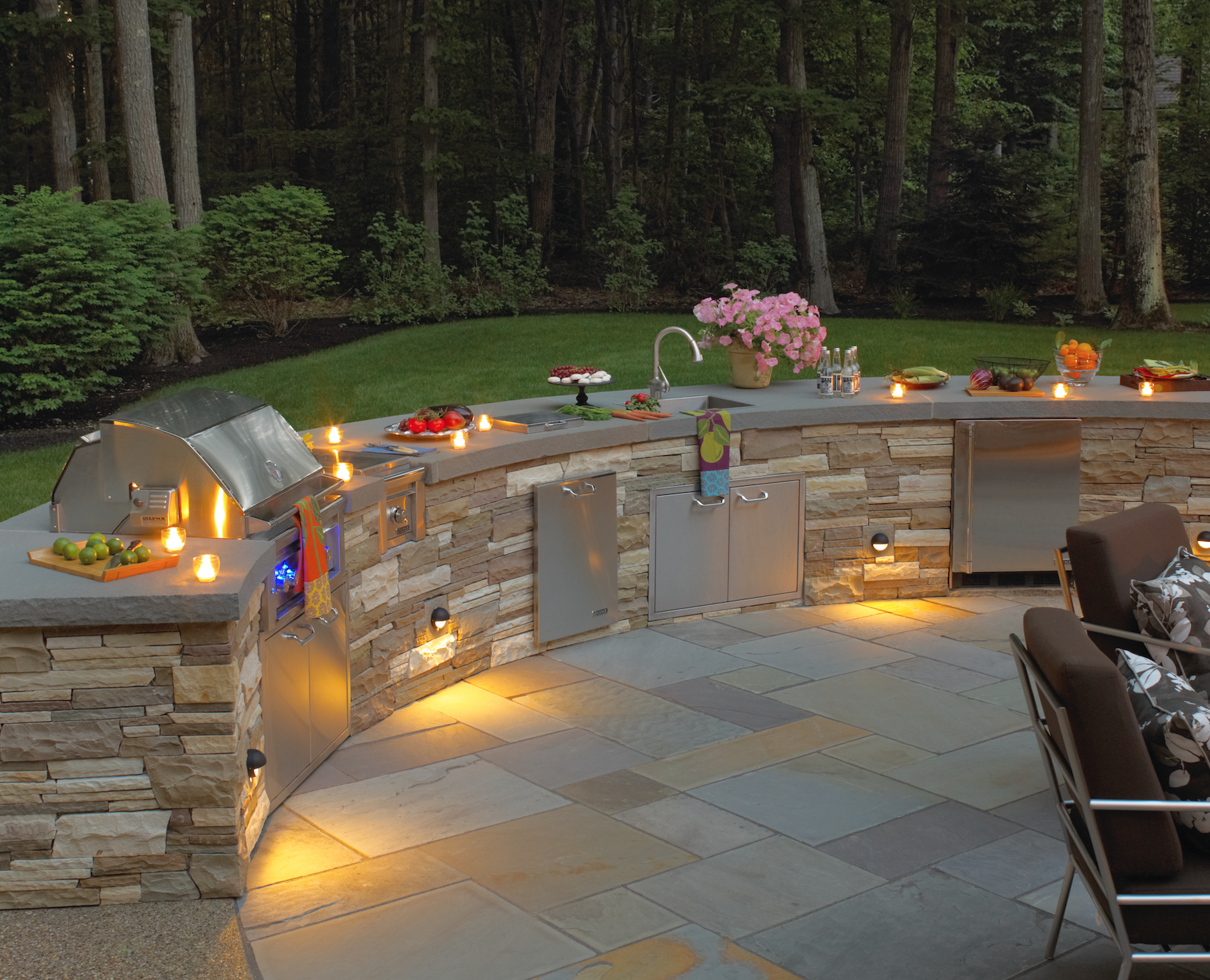 Professional outdoor kitchen with outdoor lighting in Waltham, MA