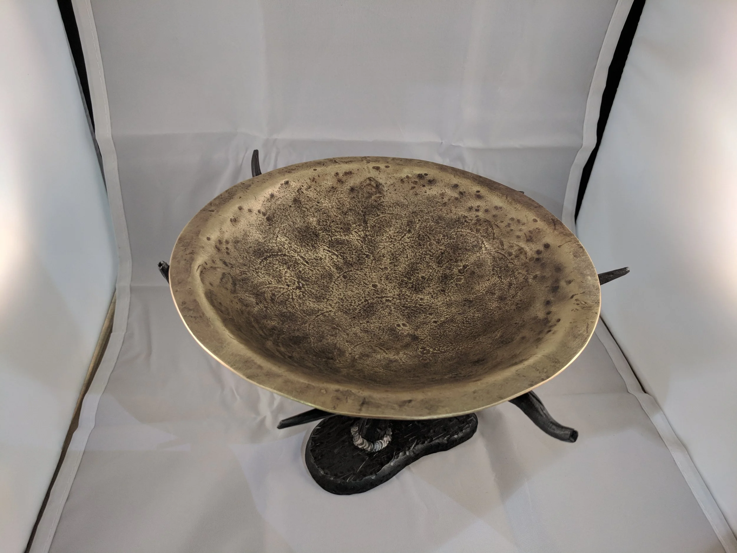 Steel tree and bronze bowl, oil rubbed finish