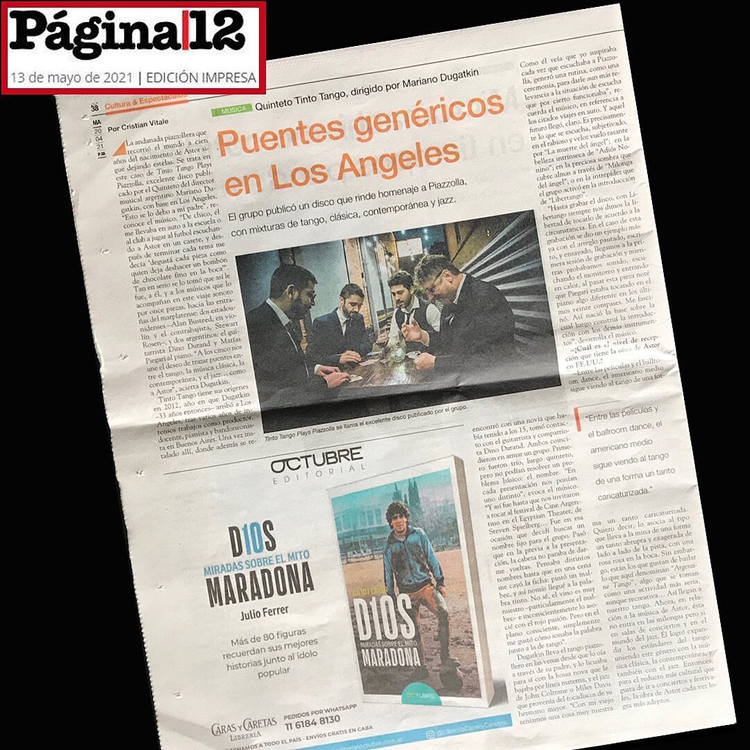 Posted @withregram &bull; @tintotango &quot;Tinto Tango plays Piazzolla, excellent album&quot;
Thank you Cristian Vitale for this wonderful article and review at @pagina12 newspaper in Argentina!

Gracias @pagina12 por el art&iacute;culo en el diario