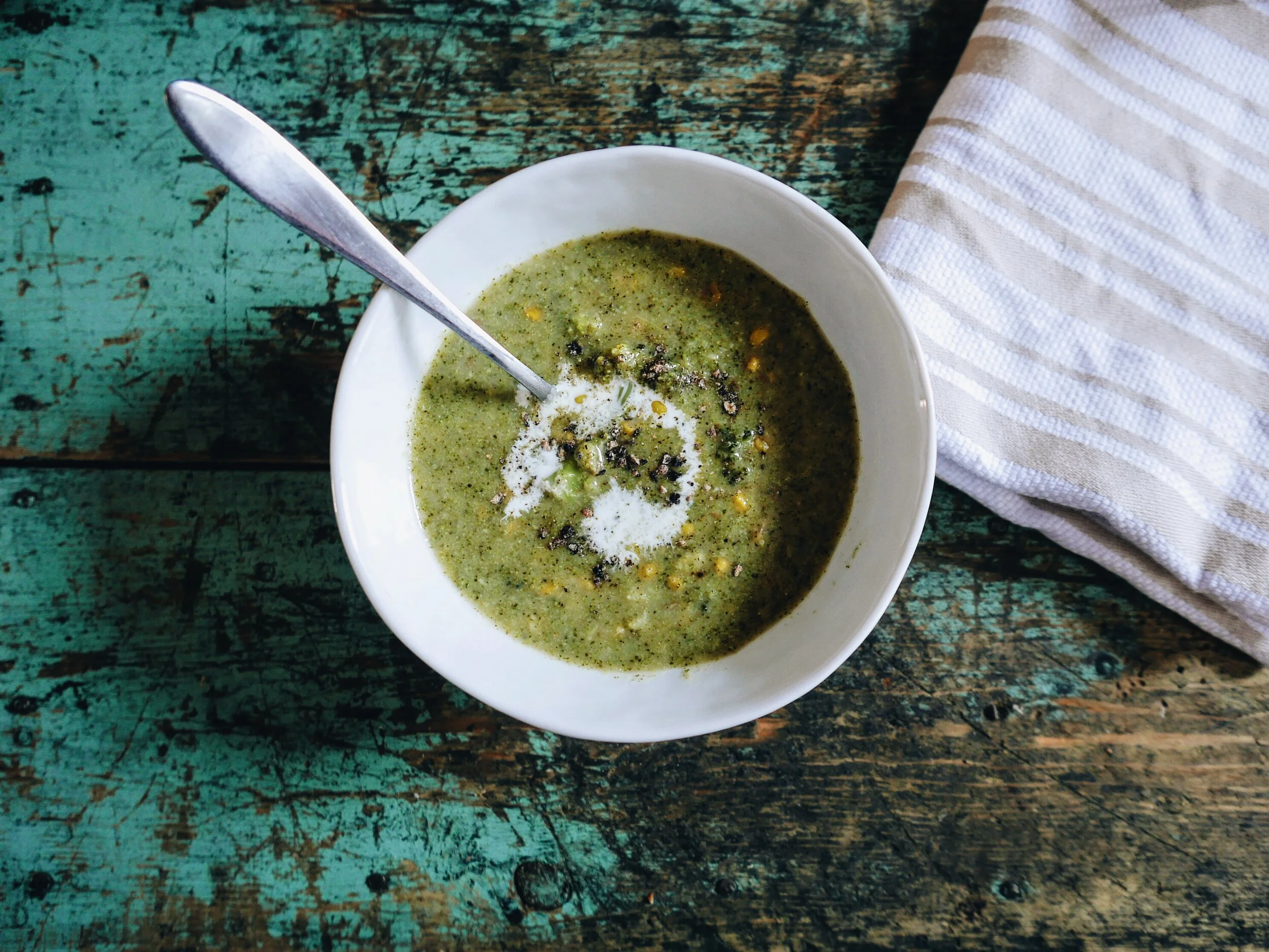 creamy broccoli chowder with charred corn &amp; ginger