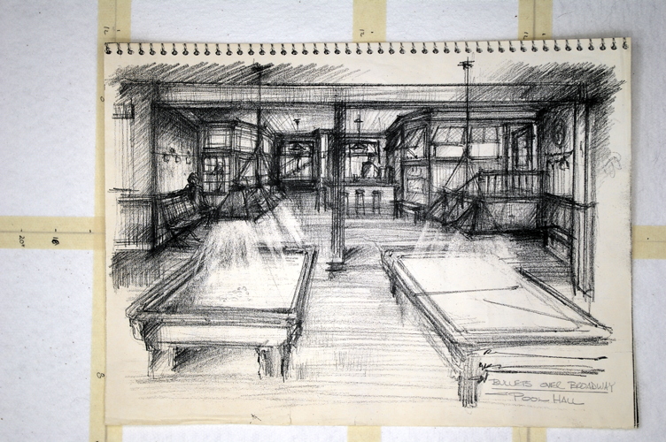 Woody Allen's Bullets Over Broadway , sketch by production designer Santo Loquasto for the pool hall scene. (Photograph by John Quilty, courtesy of Santo Loquasto.)