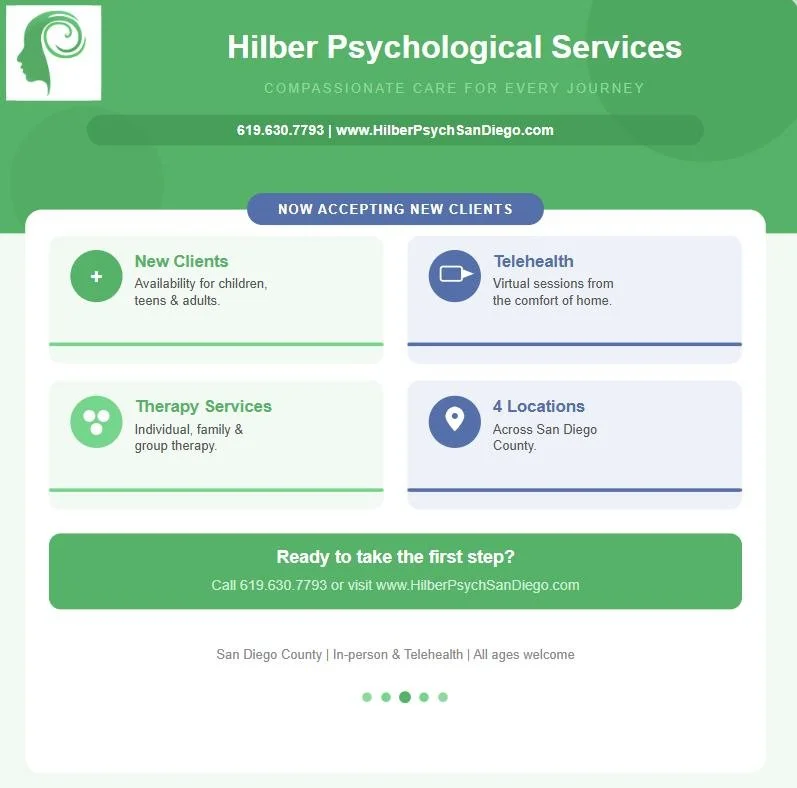 We're accepting new clients at Hilber Psychological Services!

Whether you're navigating anxiety, depression, family challenges, or life transitions &mdash; you don't have to face it alone. Our compassionate team of licensed therapists is here to sup