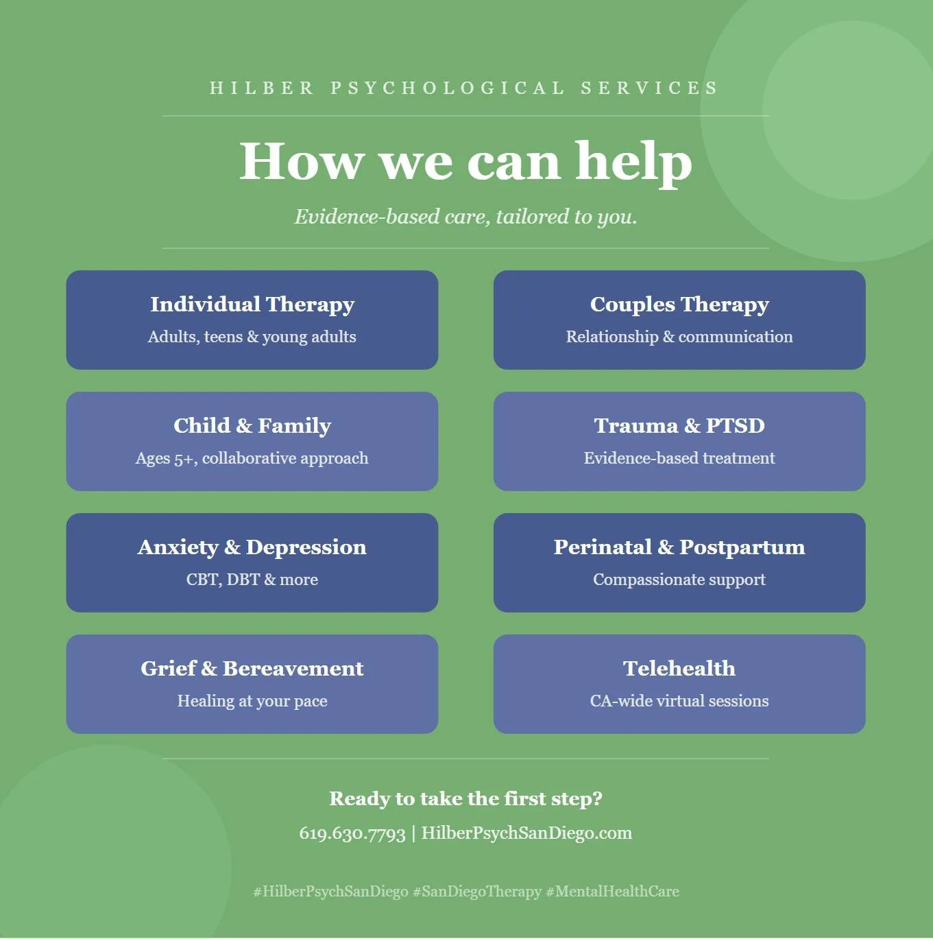At Hilber Psychological Services, we offer a wide range of therapy services &mdash; for wherever you are in your journey. 💙

Whether you're dealing with anxiety, depression, trauma, grief, relationship challenges, or postpartum struggles, our licens