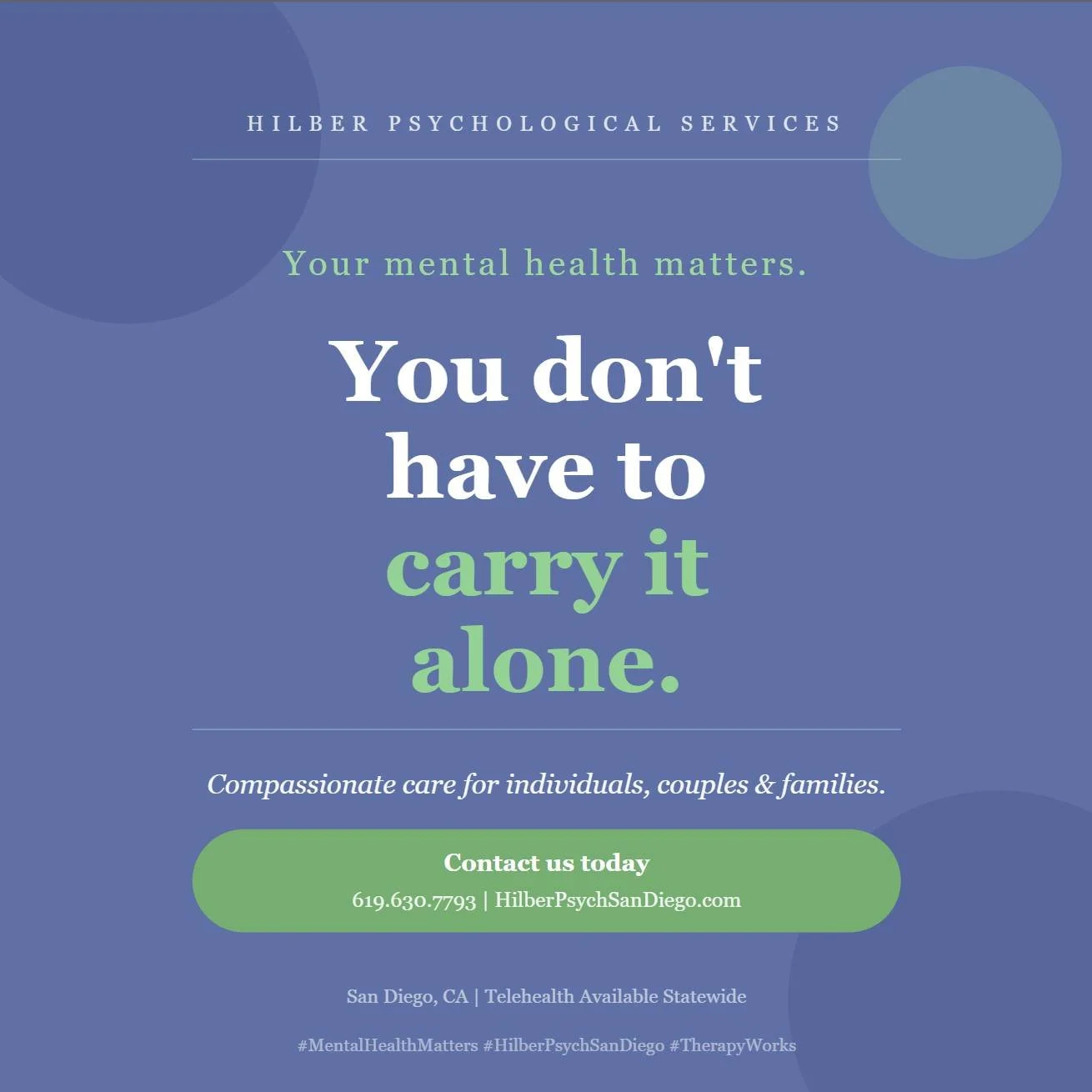 Hilber Psychological Services offers evidence-based therapy for a wide range of mental health needs. 💙

Our services include:
▸ Individual, couples &amp; family therapy
▸ Trauma &amp; PTSD treatment
▸ Anxiety &amp; depression care &mdash; CBT, DBT &