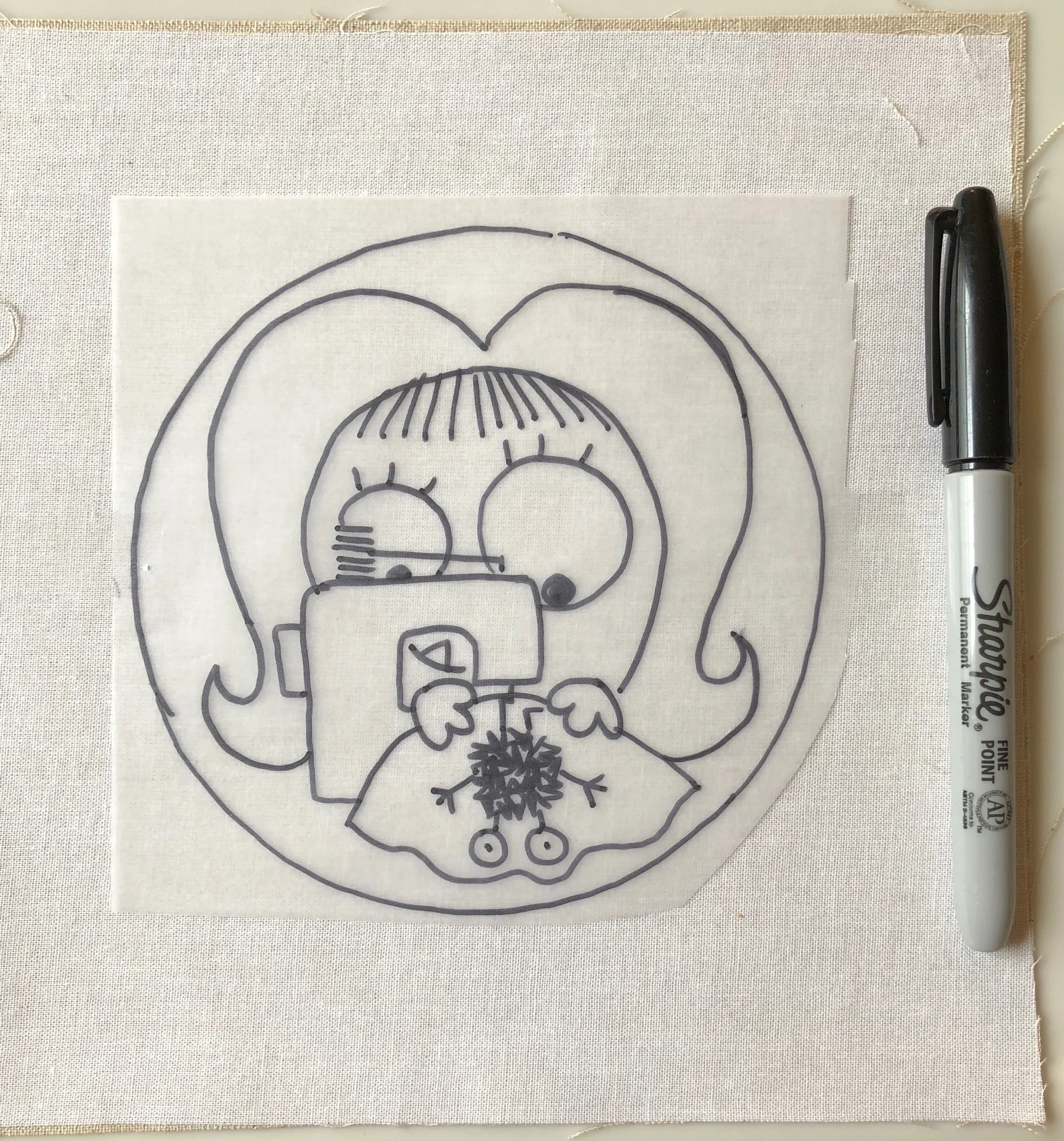 For the most part I have just drawn right on the fabric without making a full size sketch but here Im showing how to transfer a full size drawing onto you fabric. Use a sharpie on tracing paper to draw your full size drawing, tape it to the back of your stabilized fabric.