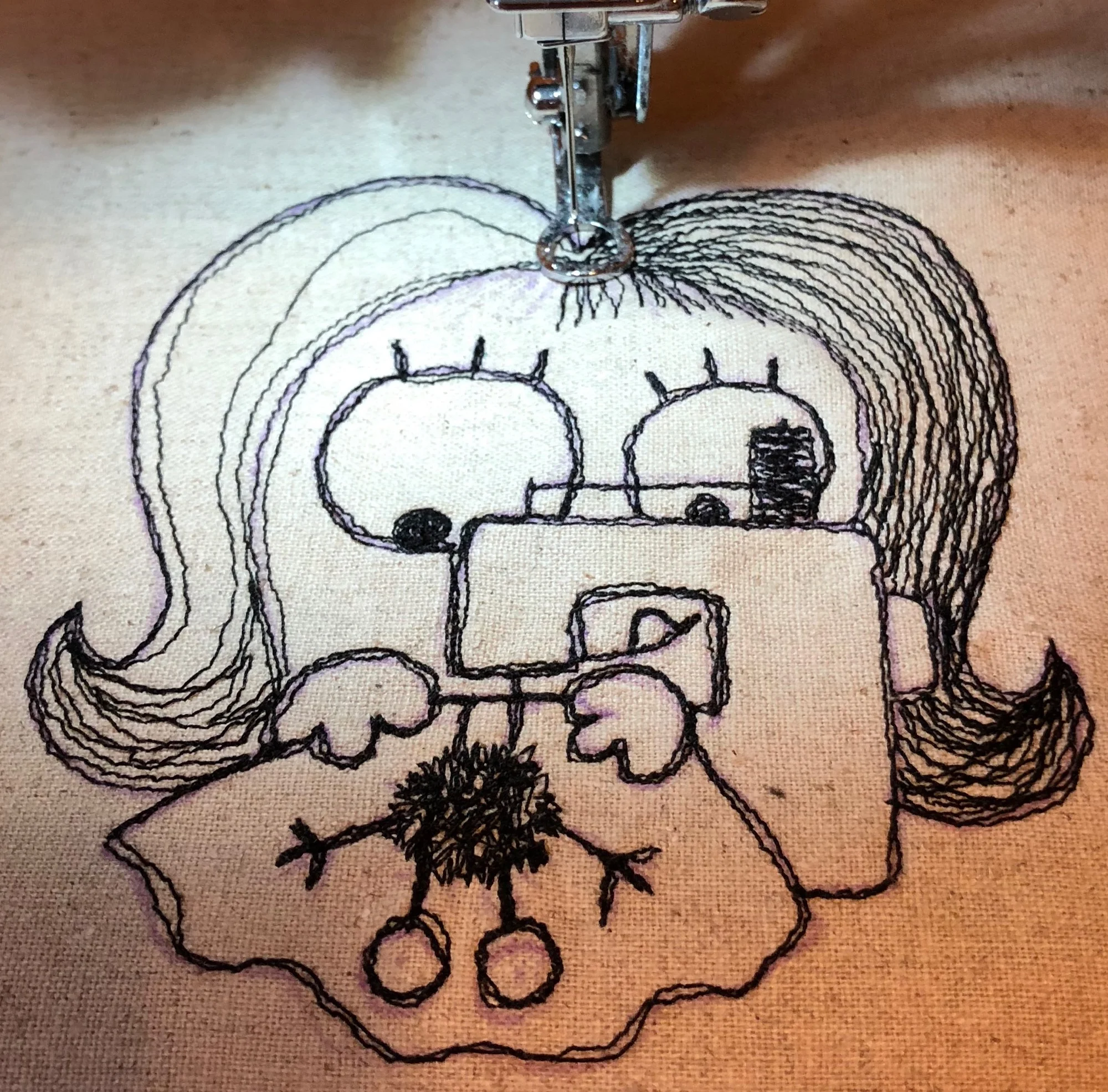 Lower the feed dogs, and use a darning foot to allow the fabric to move freely under the needle with the presser bar down. The grip gloves help move the fabric in all directions, how fast you go & move the fabric will determine the stitch length, this takes lots of practice...I suspect not even 100 days will have me perfecting it! Follow your sketch lines going over them a couple of times but try not to go directly over your previous line, I think this gives it a very loose charming sketchy look. Have Fun!