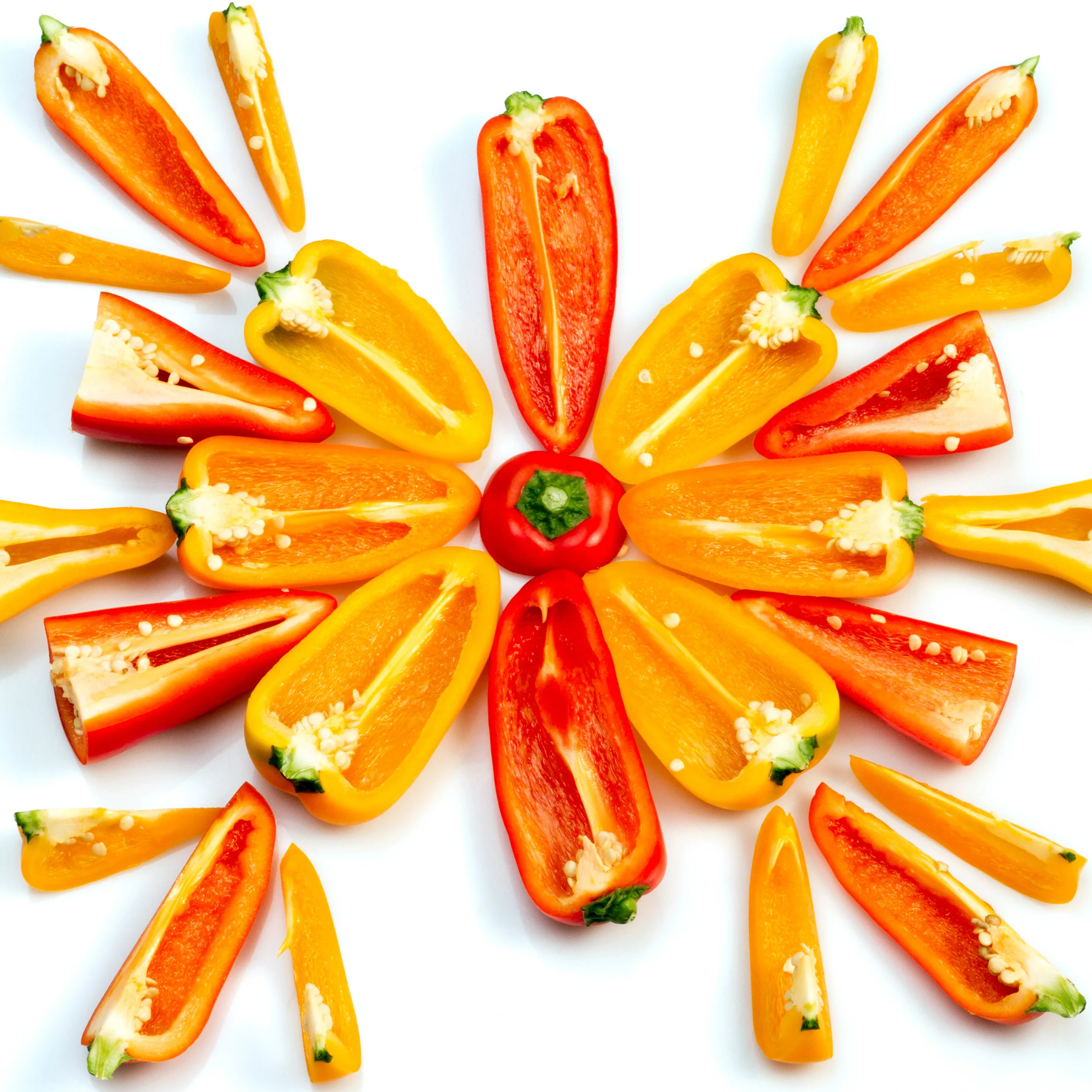  Red, orange, and yellow peppers. 