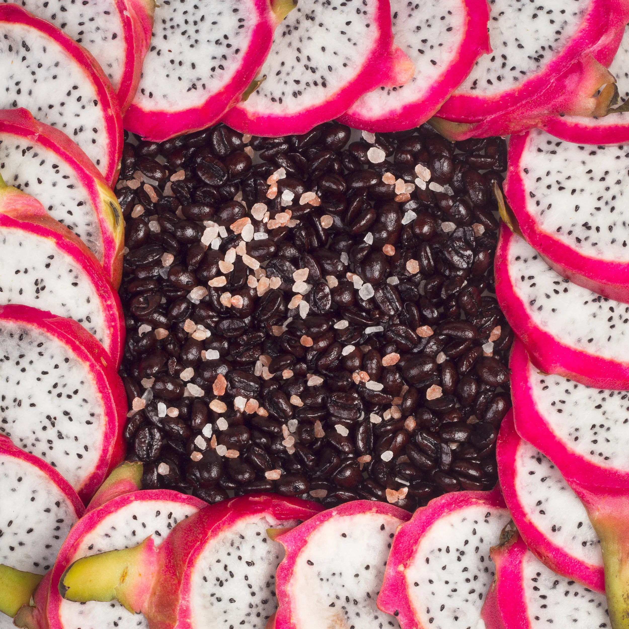  Dragonfruit, coffee beans, and Himalayan salt. 