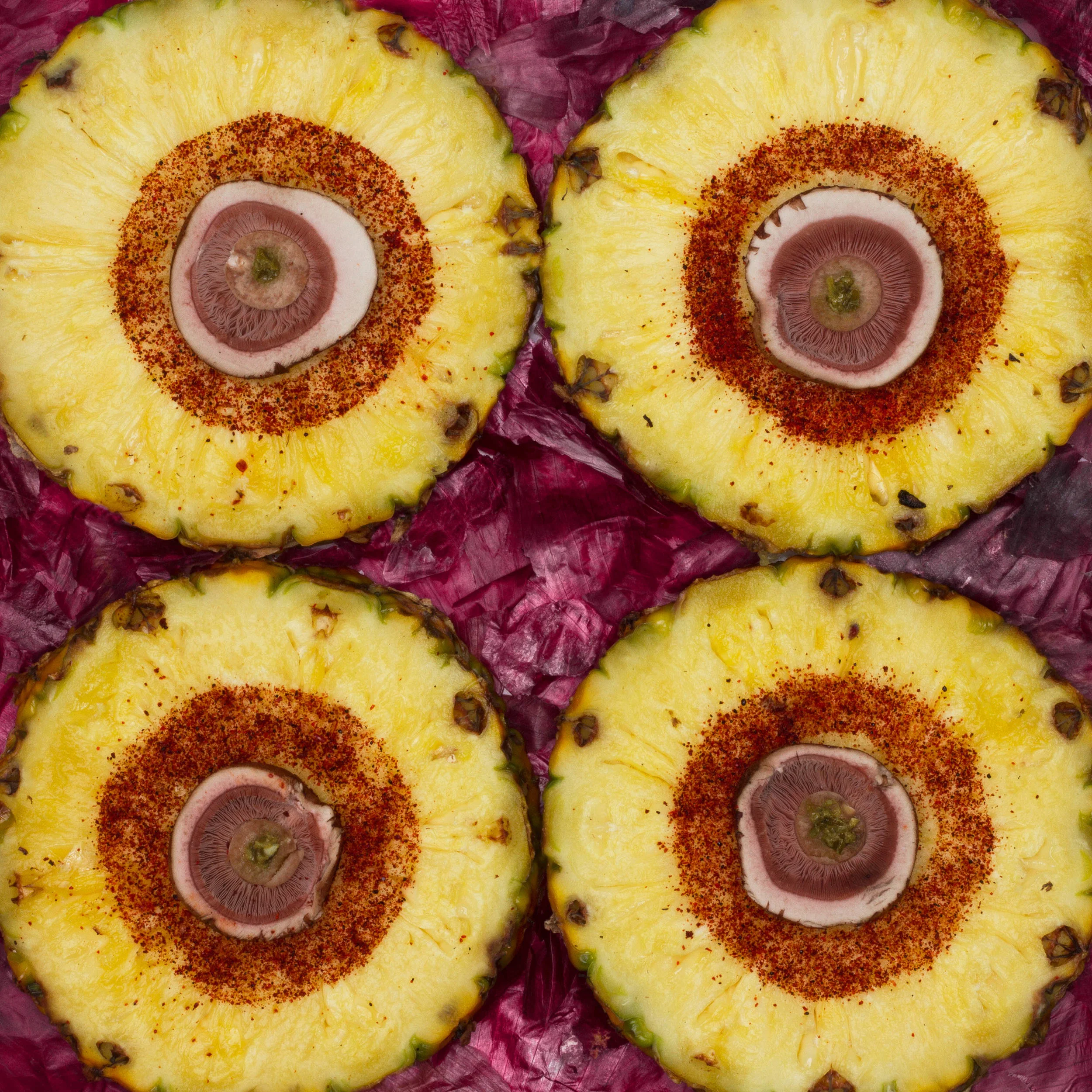  Onion skin, pineapple, mushroom, pesto, and chile powder. 