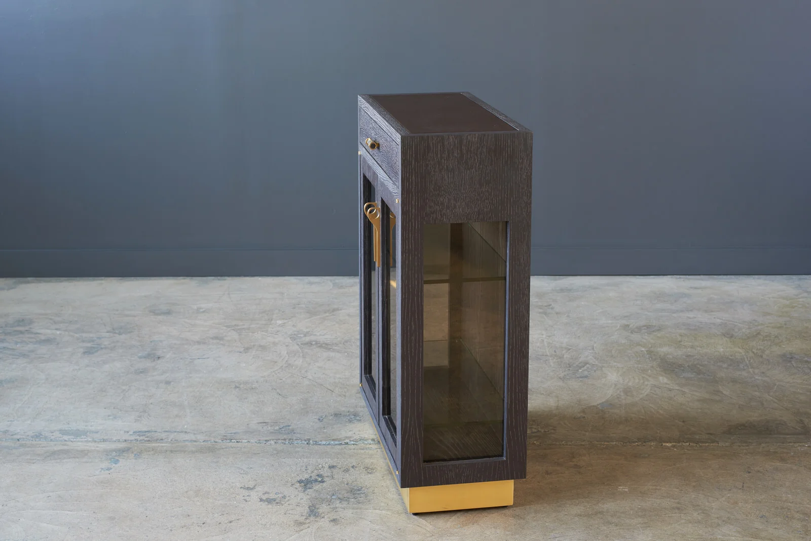 Barrow Bar Cabinet_Drift Oak Case, Matte Brass Base, Clear Glass, Innovations Barcelona Walnut with Matte Brass Lexington Pulls_4.jpg