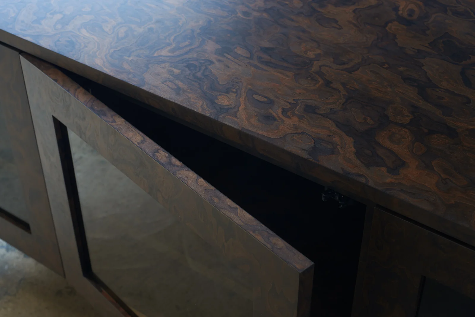 Darin Credenza_Burled Walnut Case, Matte Brass Base and Clear Glass_5.jpg