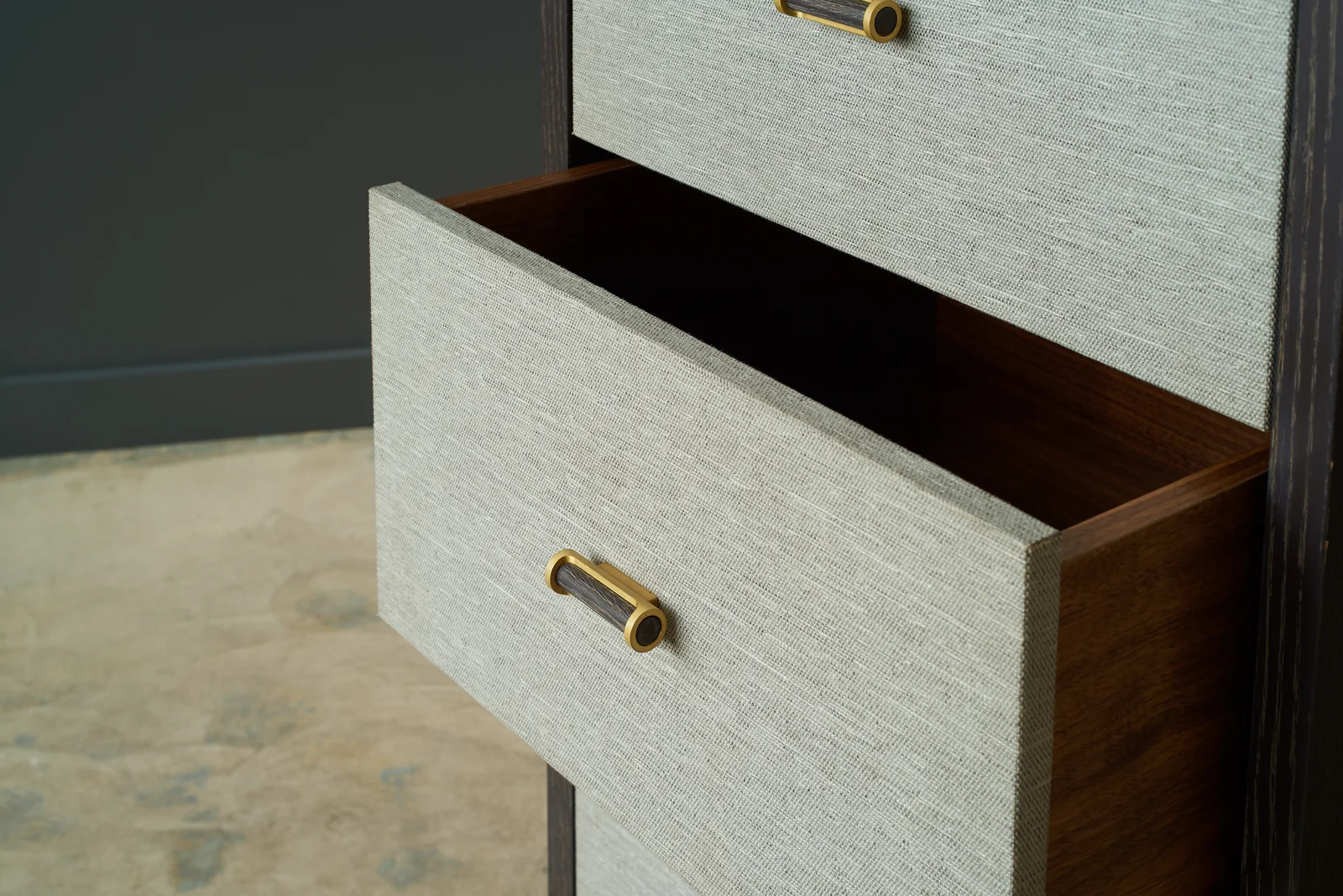 Arte Chest_ Bark Oak Case Matte Brass Base and Maharam Tek Wall 1002 011 Vase_4.jpg