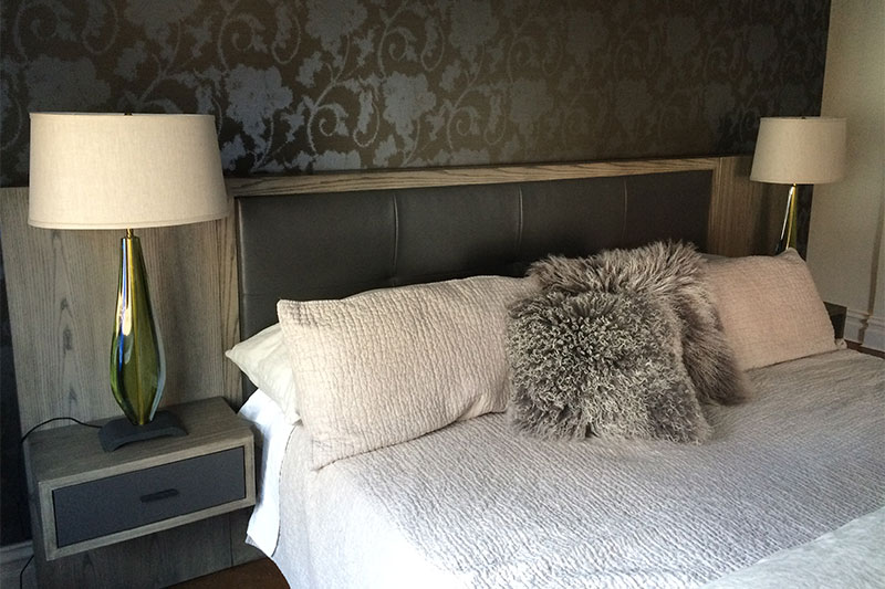 Shelly LeBoff Interiors - Design 25 Shown: Custom Chelsea Headboard, Floating Arte Shelves