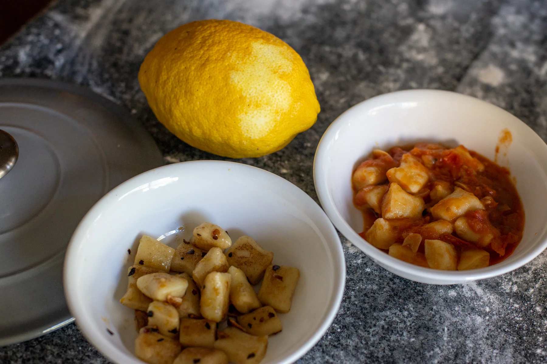 Lemon, garlic and chilli on the left, tomato on the right.