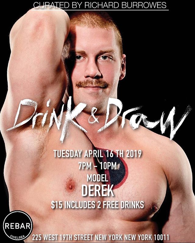 Don&rsquo;t miss hot Model Derek Tuesday April 16th 7 pm Drink &amp; Draw 😍🍸✍🏻💪🏻. #drinkanddraw #hot #drawing #drinking #gay #gaylife #gaymen #gaynyc #rebarchelsea #hotman #muscles #hot #handsome #hot #hotguys @rgbphotos @derek.chase.9406