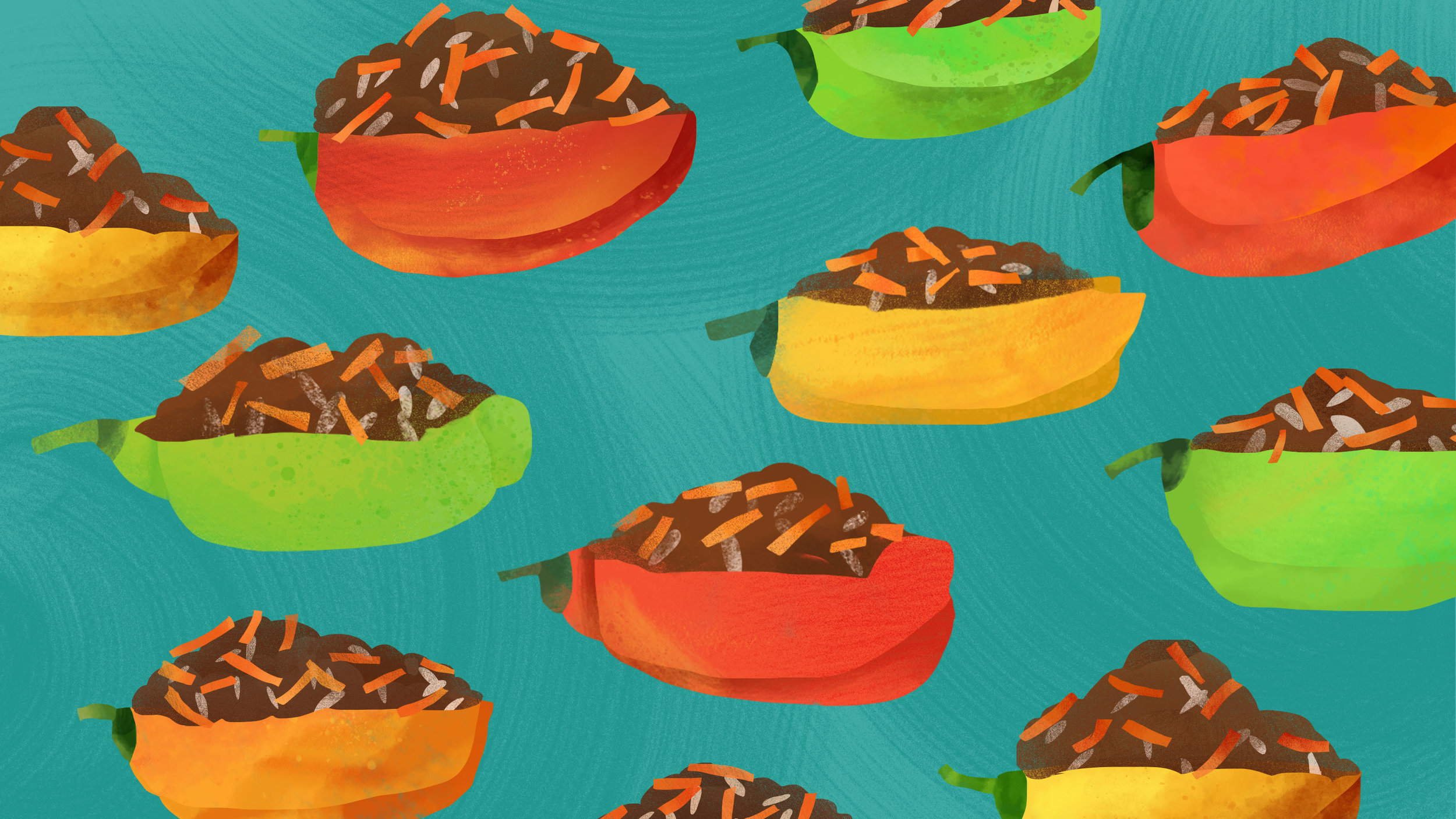 Illustration for The Takeout article, “Gwen's “More Stuff” Stuffed Peppers will win over young and old”