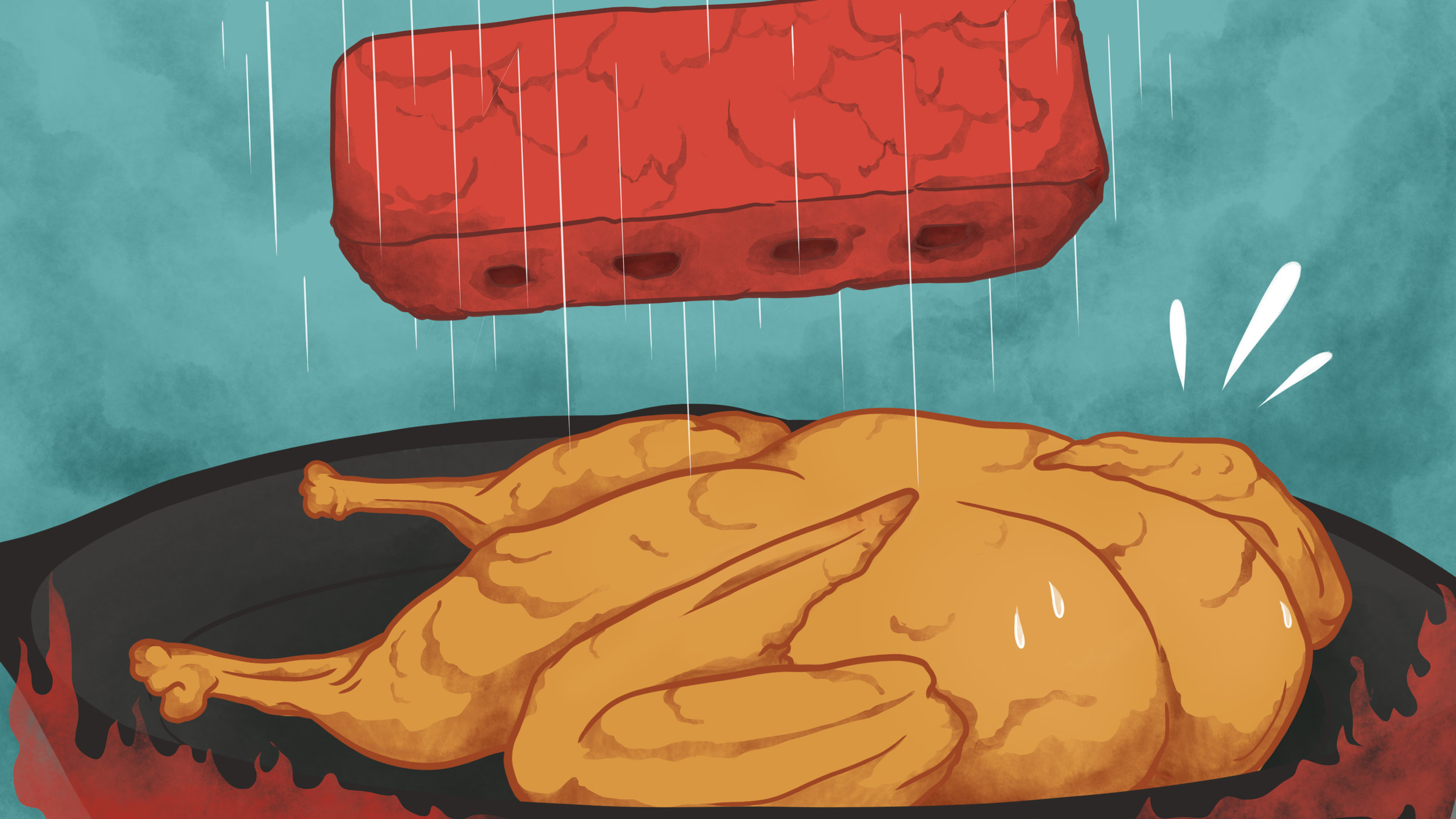 Illustration for The Takeout article, “ For the crispiest roast chicken, use a brick and it'll be browning slowly ”