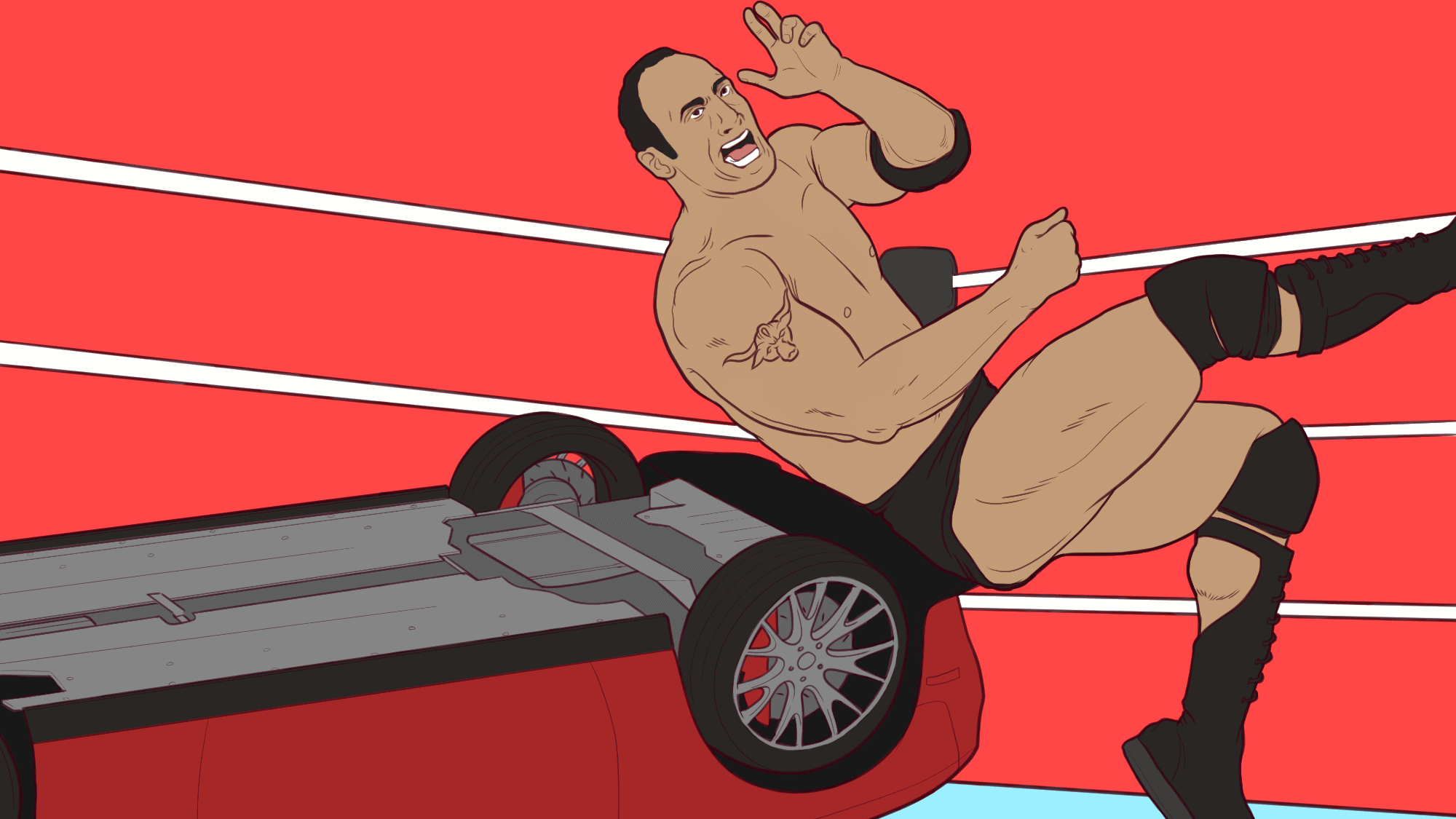Illustration for The A.V. Club article, “Tornadoes and robots: 9 things Dwayne “The Rock” Johnson should fight next”