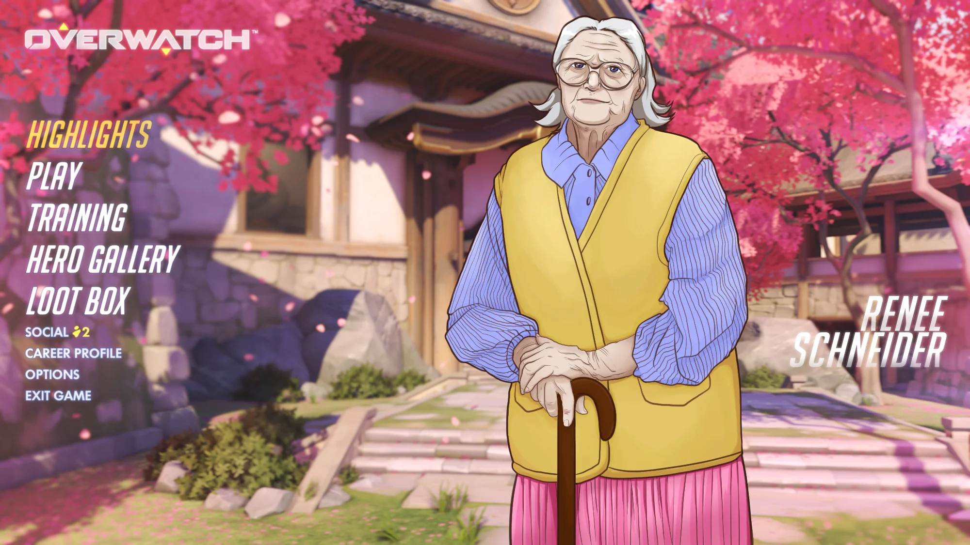 Illustration for Clickhole article, “Hardcore Gamers Only: ‘Overwatch’ Is Increasing Its Difficulty By Adding A Senior-Citizen Character That’s A Financial Drain And Emotional Burden On Their Whole Team”