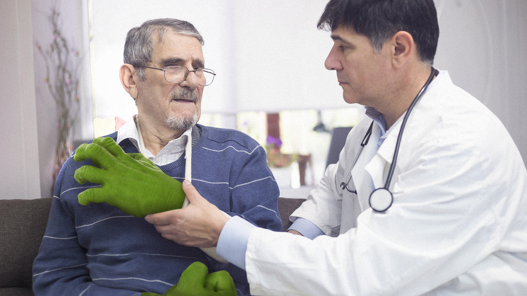 Photoshop composite for Clickhole article, “ Medical Breakthrough: When This Man’s Hulk Hands Were Destroyed In A Car Accident, Doctors Built Him State-Of-The-Art Prosthetic Hulk Hands ”