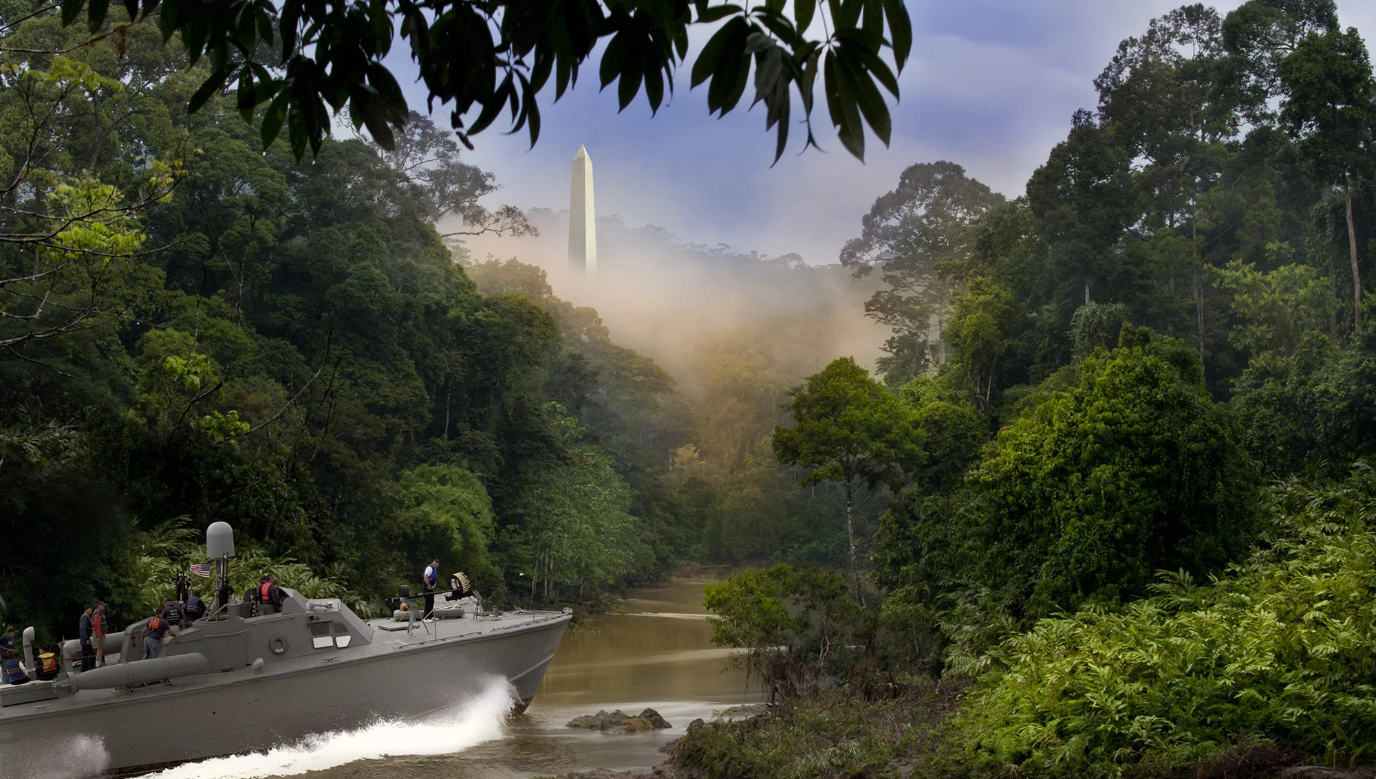 Photoshop composite for The Onion article, “PT Boat Sent Up Overgrown, Booby-Trapped Potomac River To Find Deranged John Kelly”
