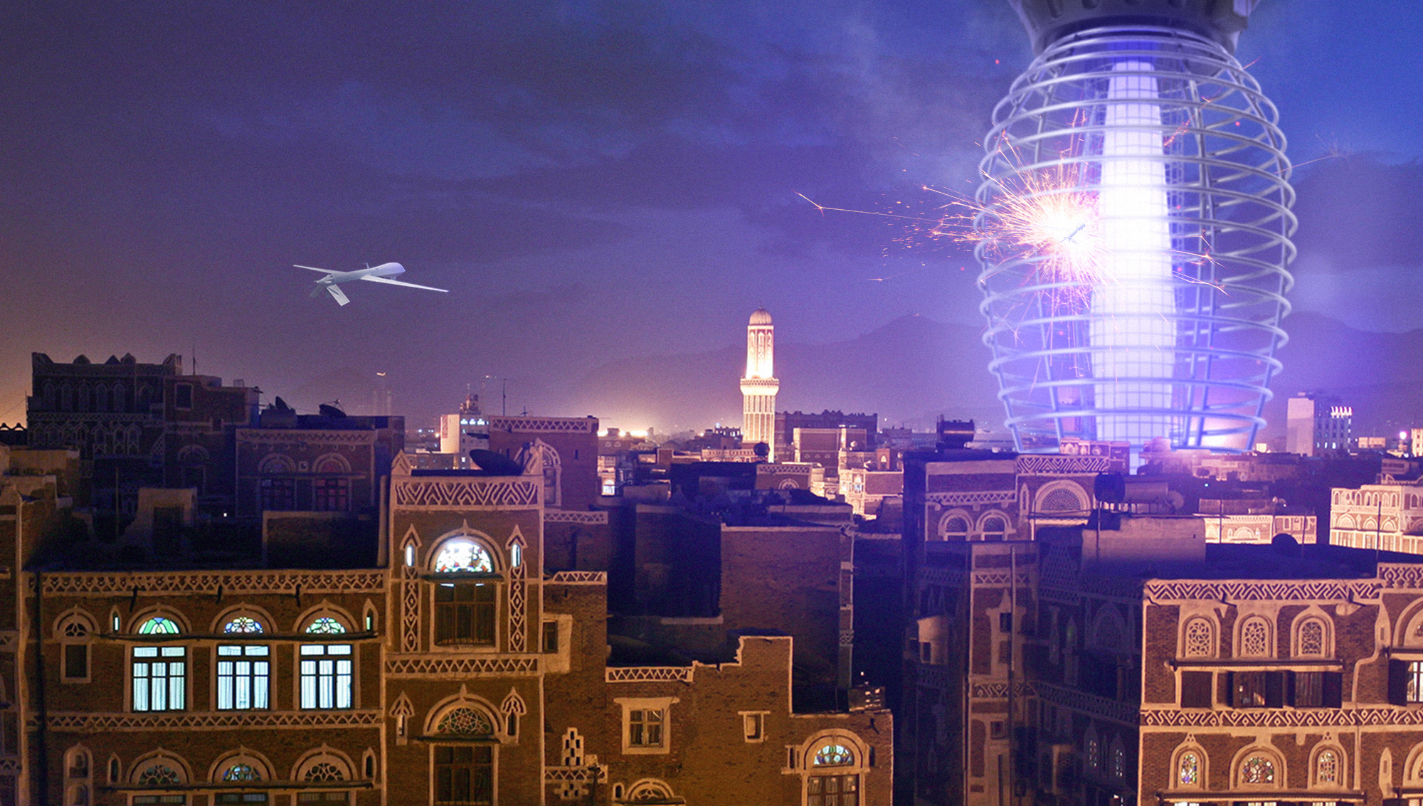 Photoshop composite for The Onion article, “ Yemen Unveils New 80-Story Drone Zapper ”