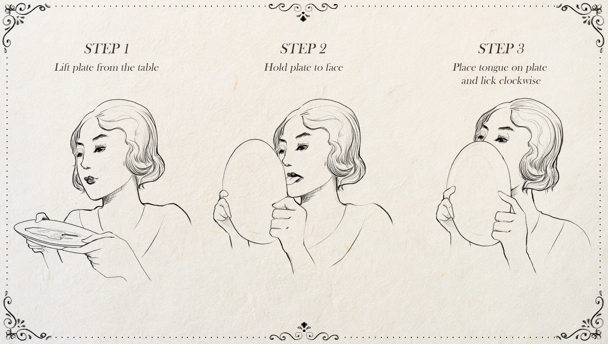 Illustration for The Onion article, “ New Edition Of Emily Post’s Etiquette Book To Include Chapter Demonstrating Proper Way To Lick Maple Syrup Off Plate ”