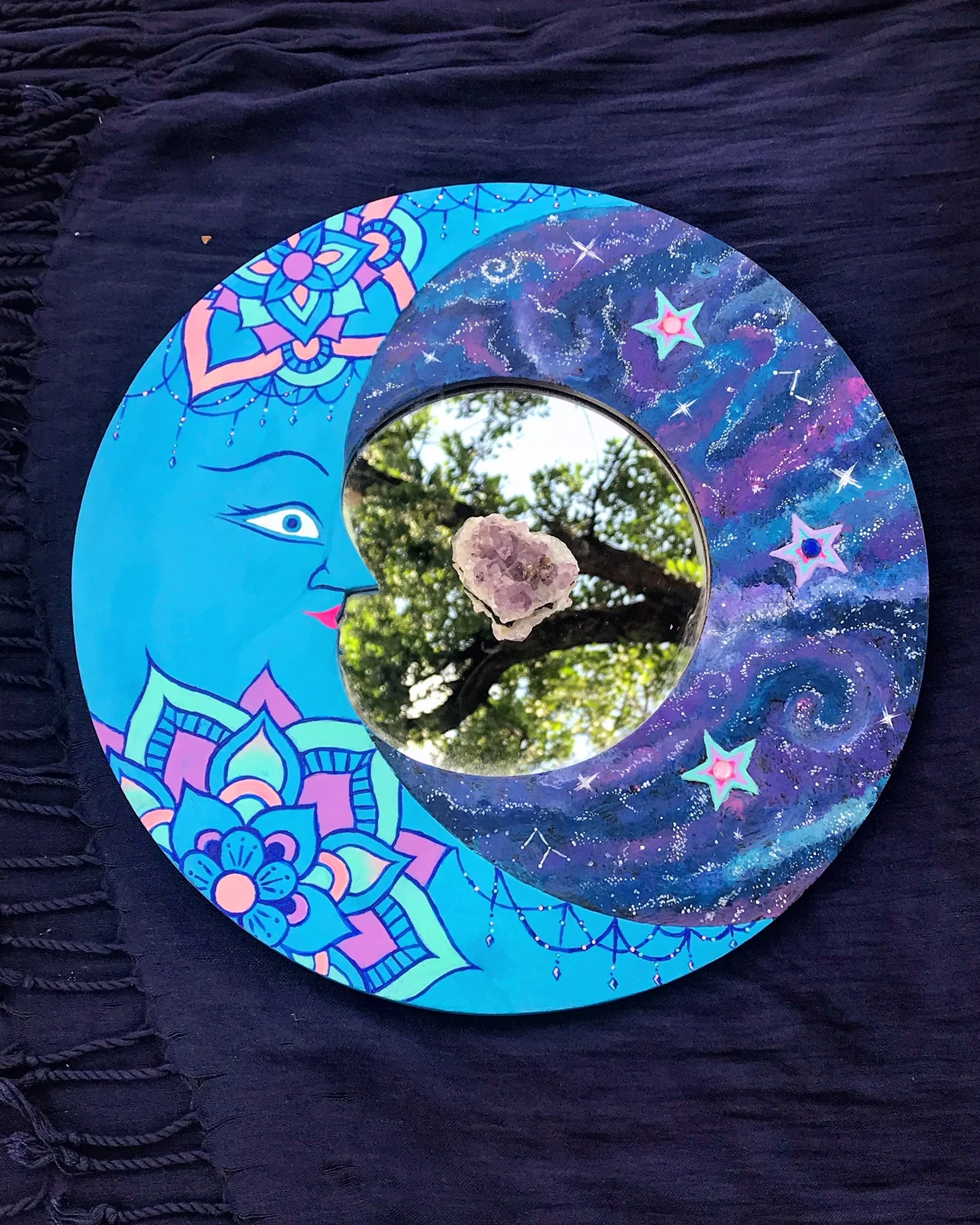 Refurbished, hand painted thrift store galaxy mandala moon mirror with rhinestone accents.