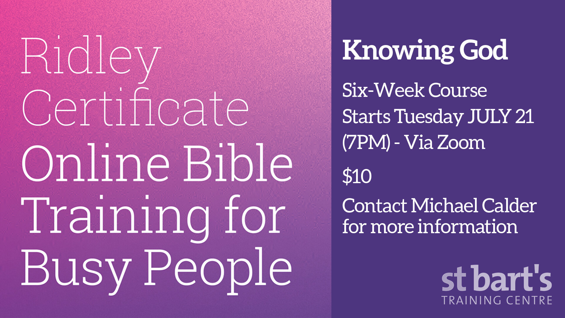 Ridley Certificate: Knowing God - Via Zoom (Register Online)