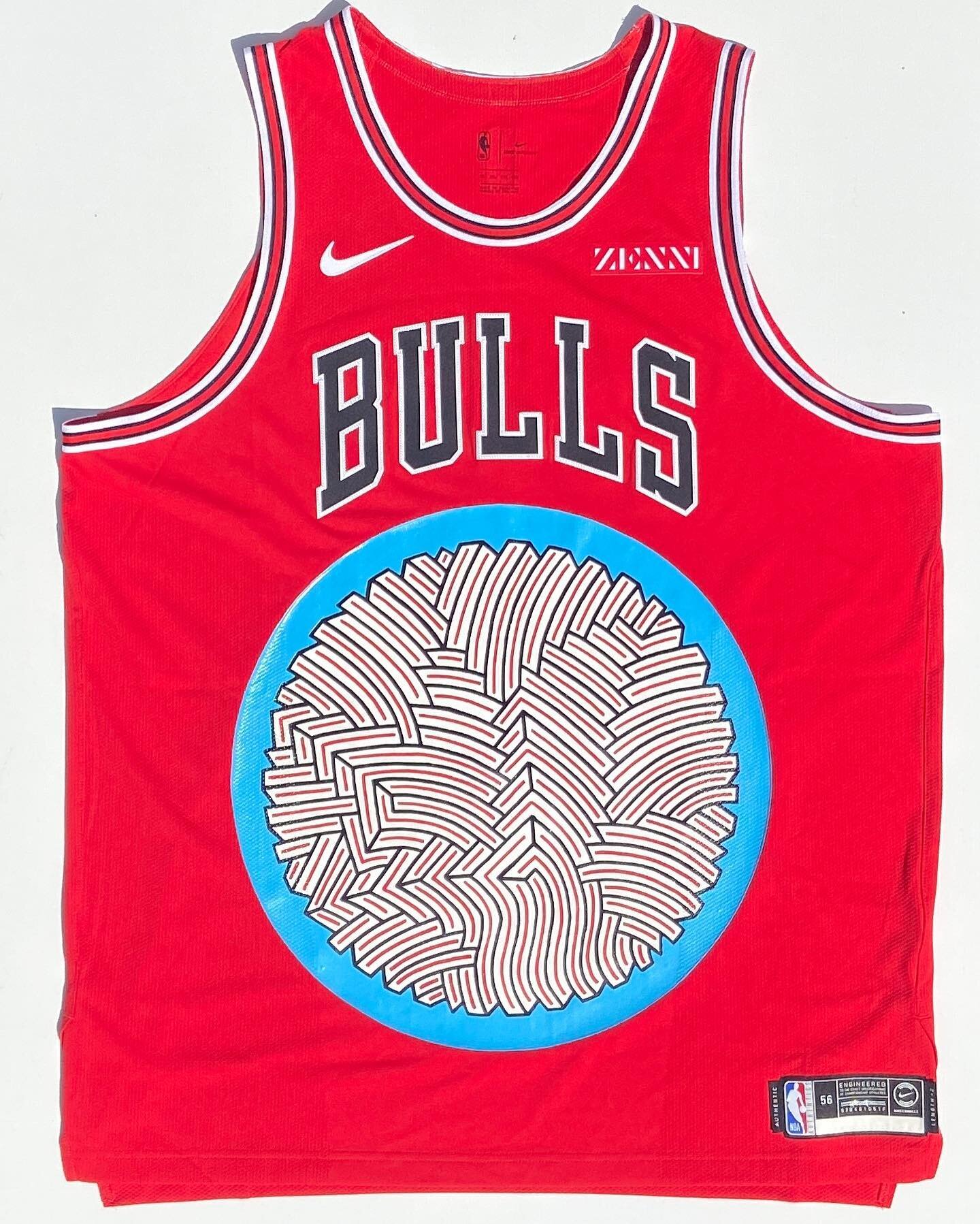 &ldquo;On The Team&rdquo; a jersey I painted for the @chicagobulls as part of a Bulls themed art show at The United Center during Bulls Fest. Proud to be hanging alongside so many artists I admire. Show presented and curated by @allstarpresschicago .