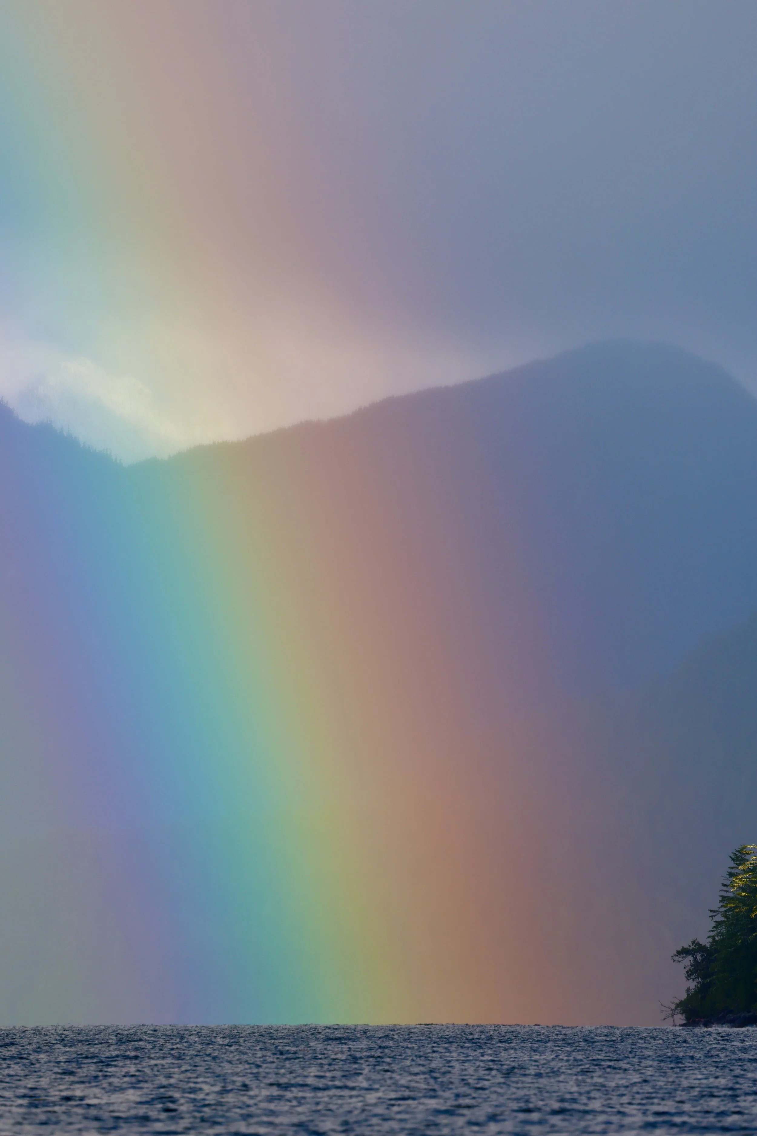 Rainbow over a body of water with a distant mountain and trees on the right side.